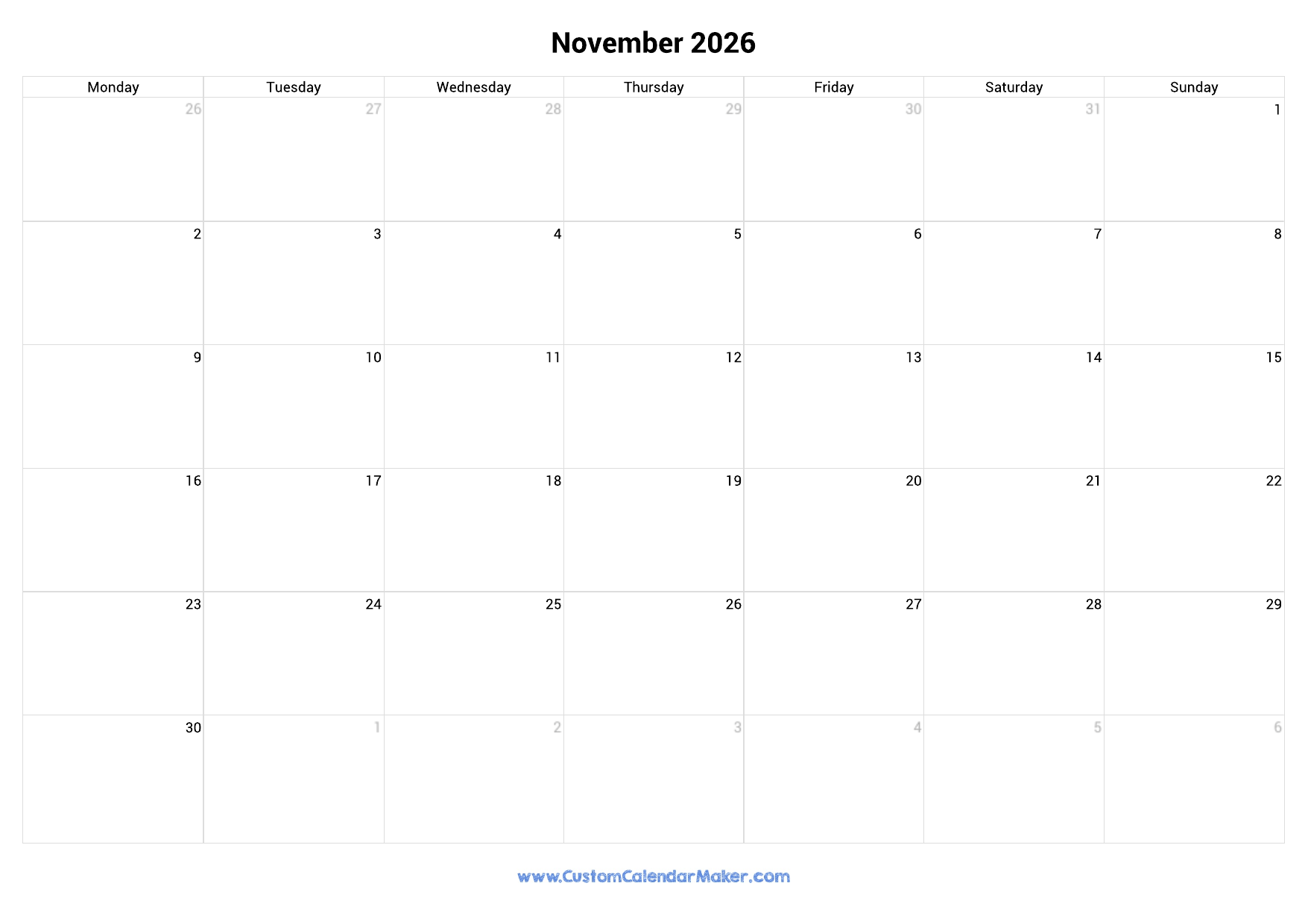 November 2026 Monday Start Calendar Monday To Sunday Custom 