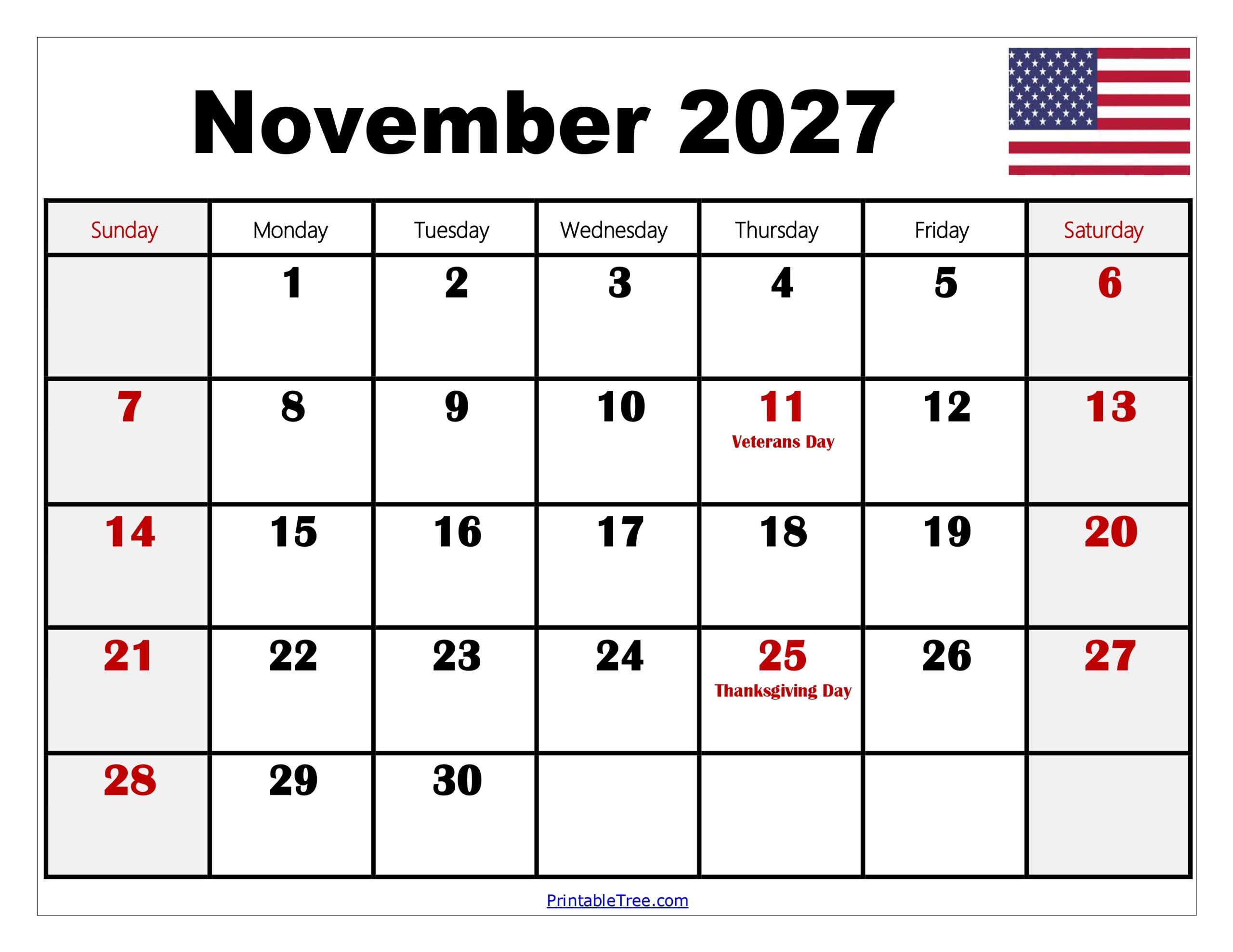 November 2027 Calendar Printable PDF Template With Holidays