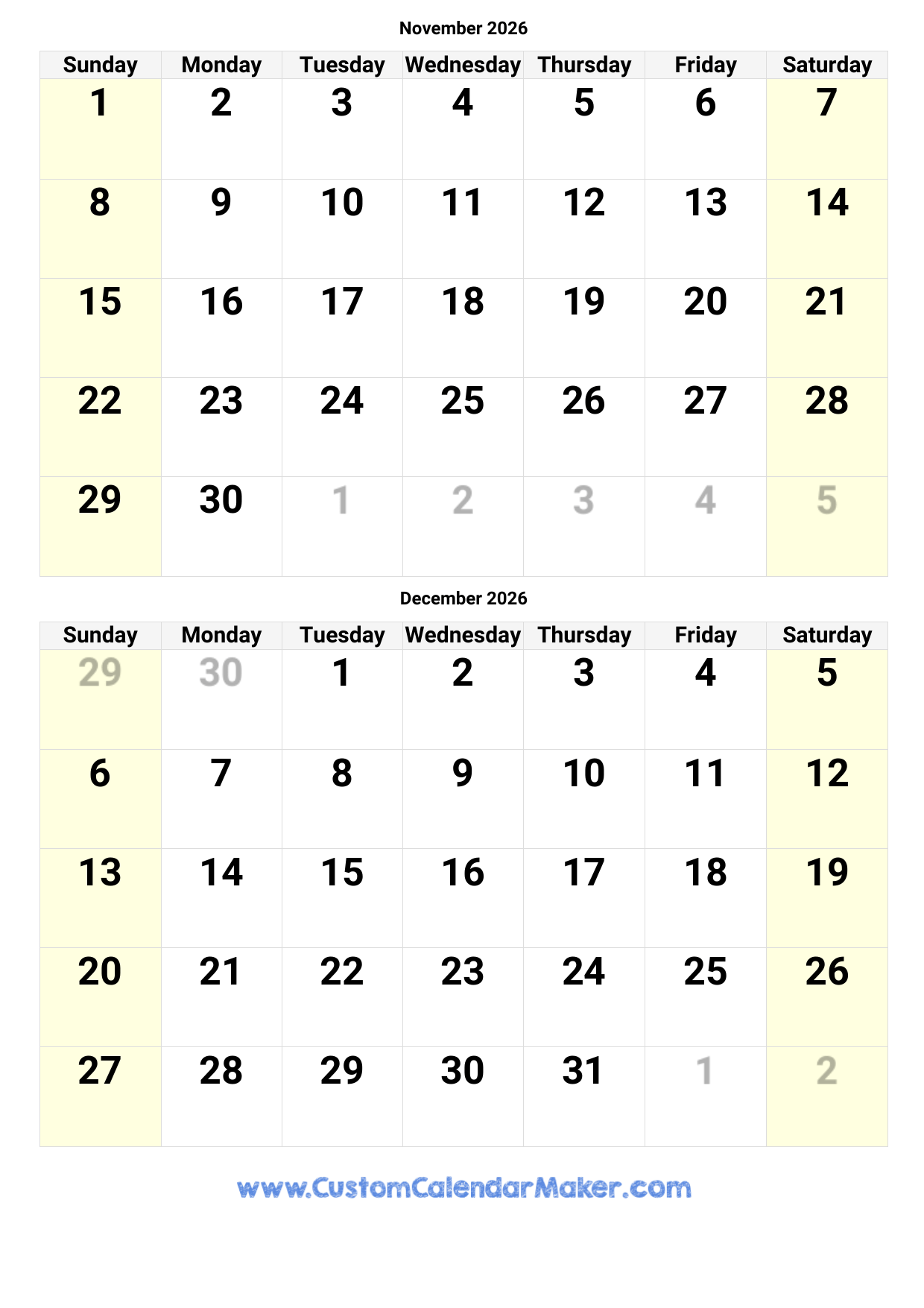 2026 Printable Calendar November And December