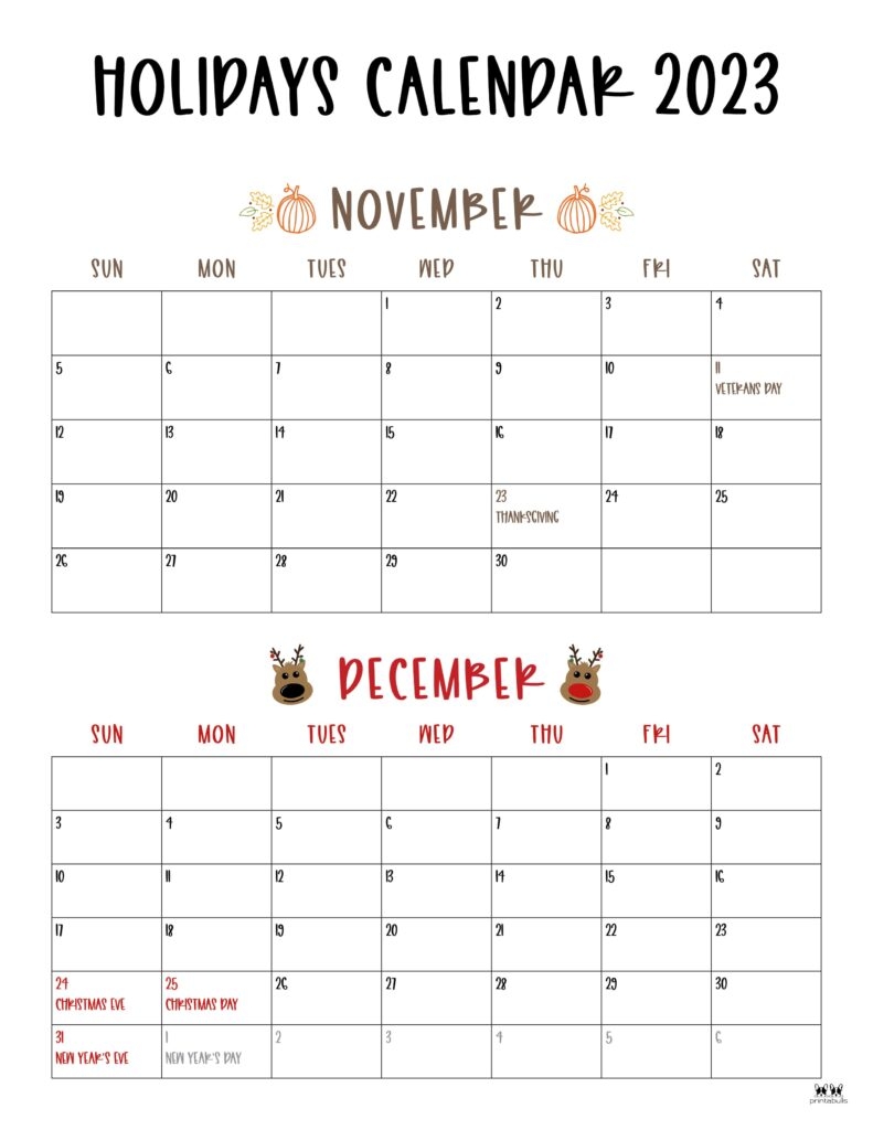 November December 2 Month Calendar Printable