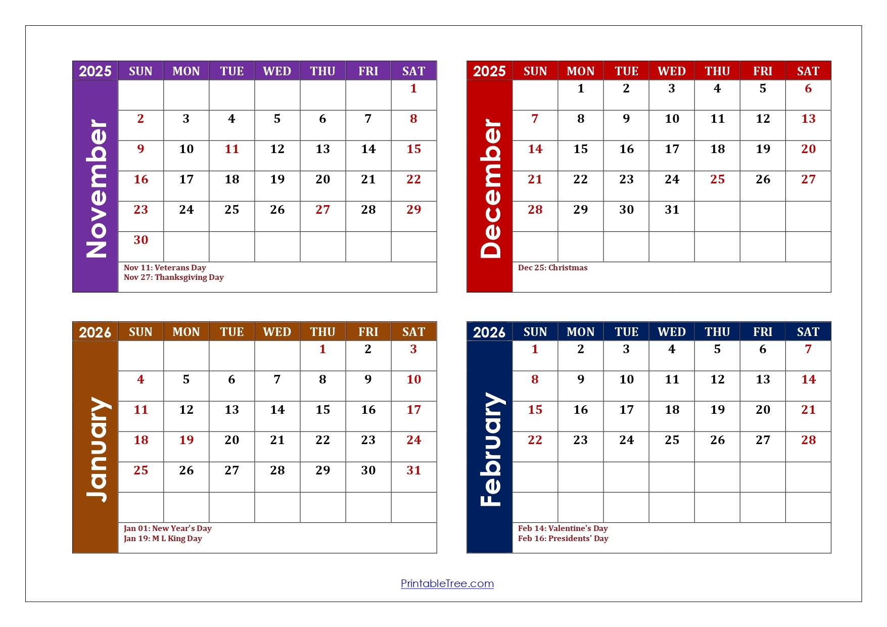 Printable 4 Month Calendar 2026