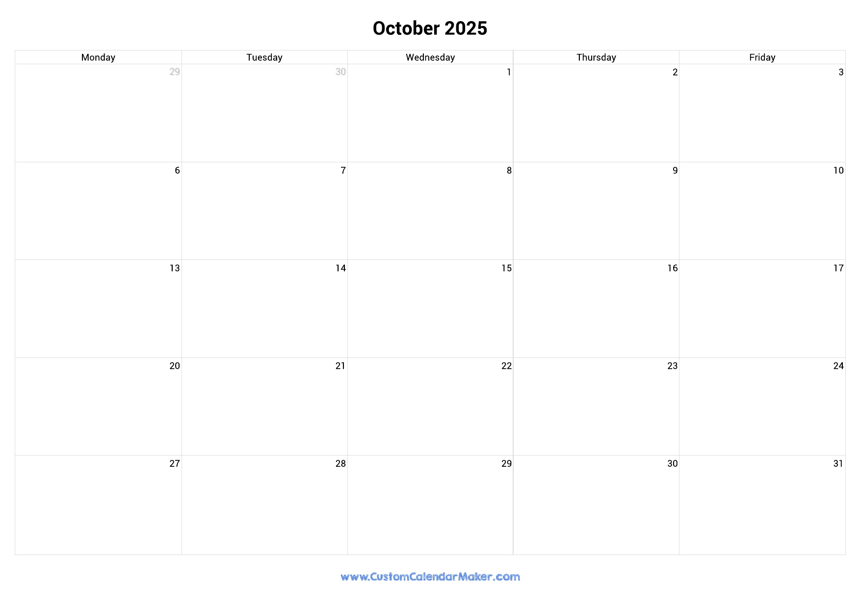 October 2025 Calendar Weekdays Only Monday To Friday Custom 