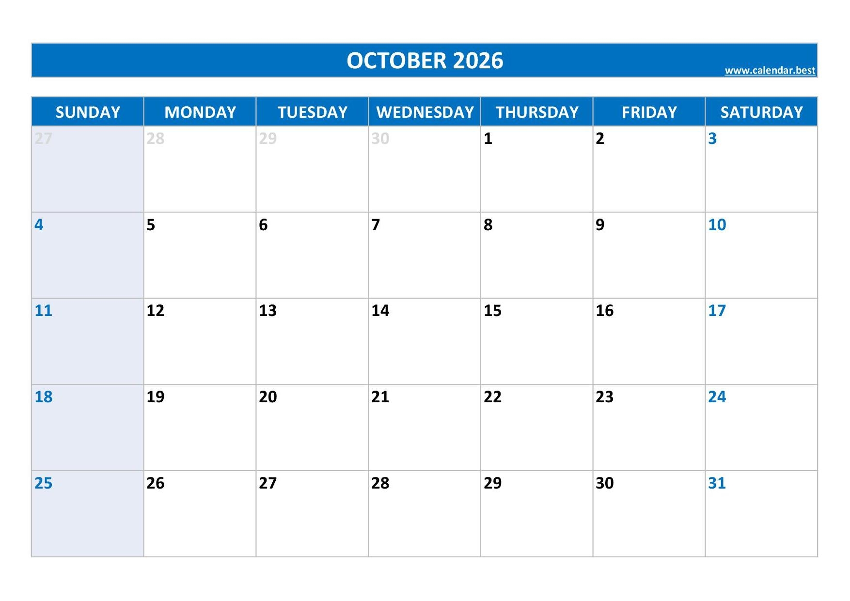 October 2026 Calendar Image