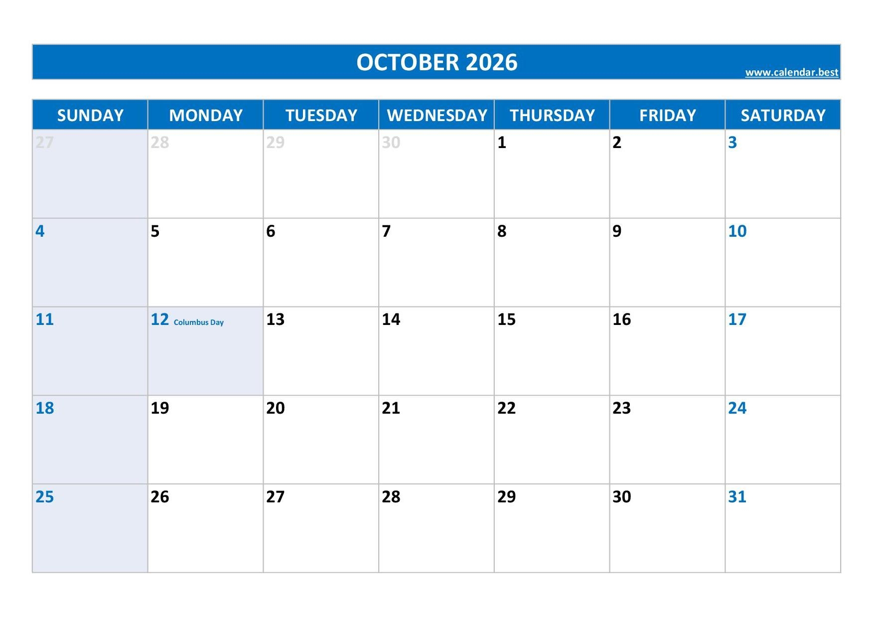 October 2026 Printable Calendar With Holidays