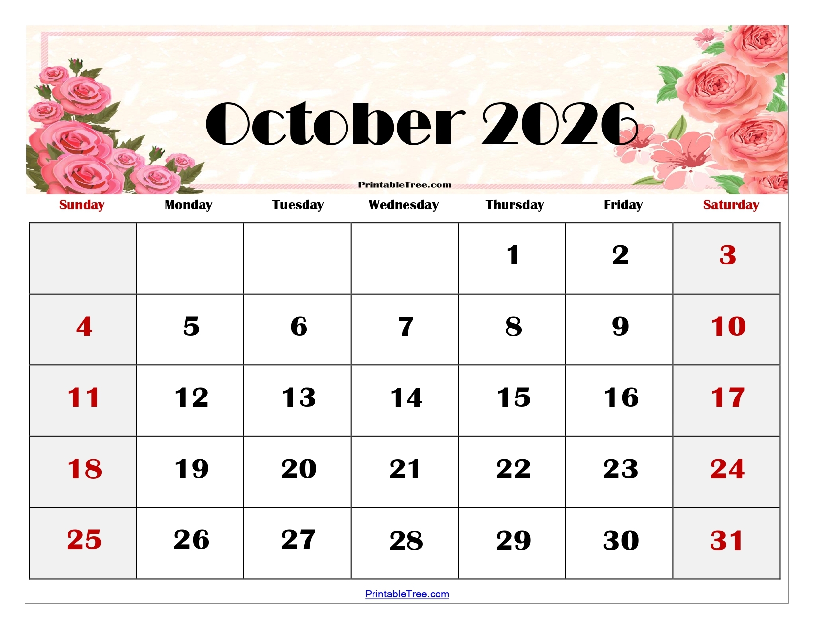 Blank October 2026 Calendar Template