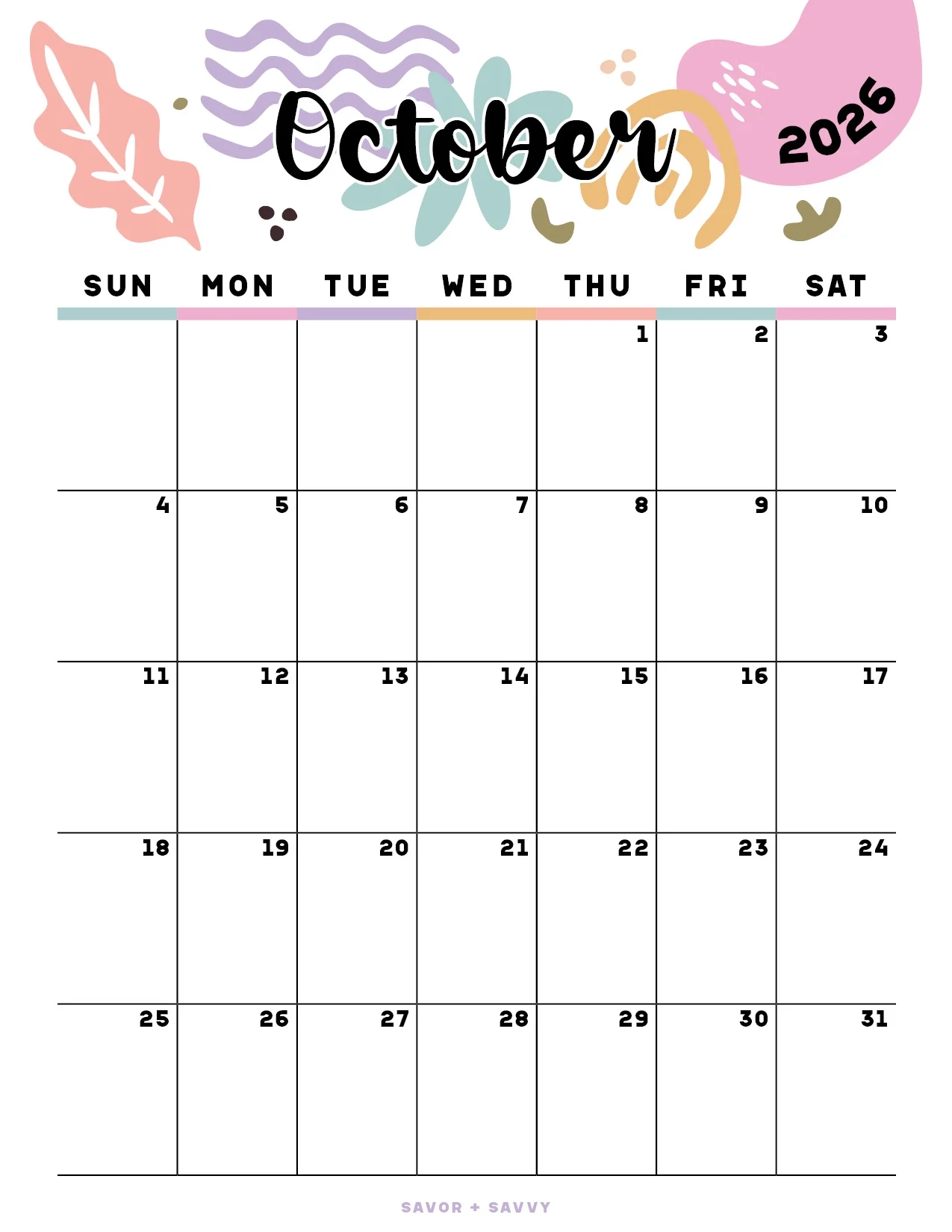 October 2026 Calendar Templates 14 Free Printables Savor Savvy