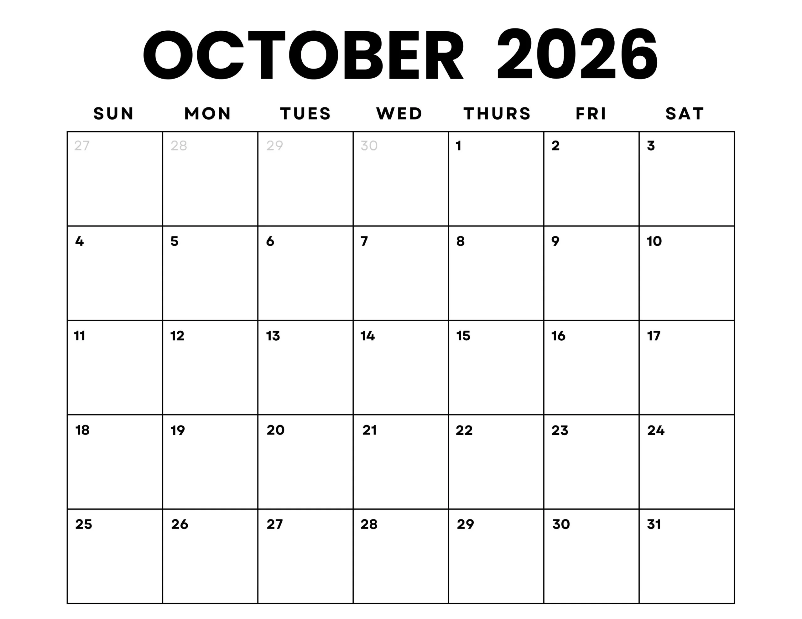 October 2026 Monthly Calendar Printable Minimalist PDF digital 