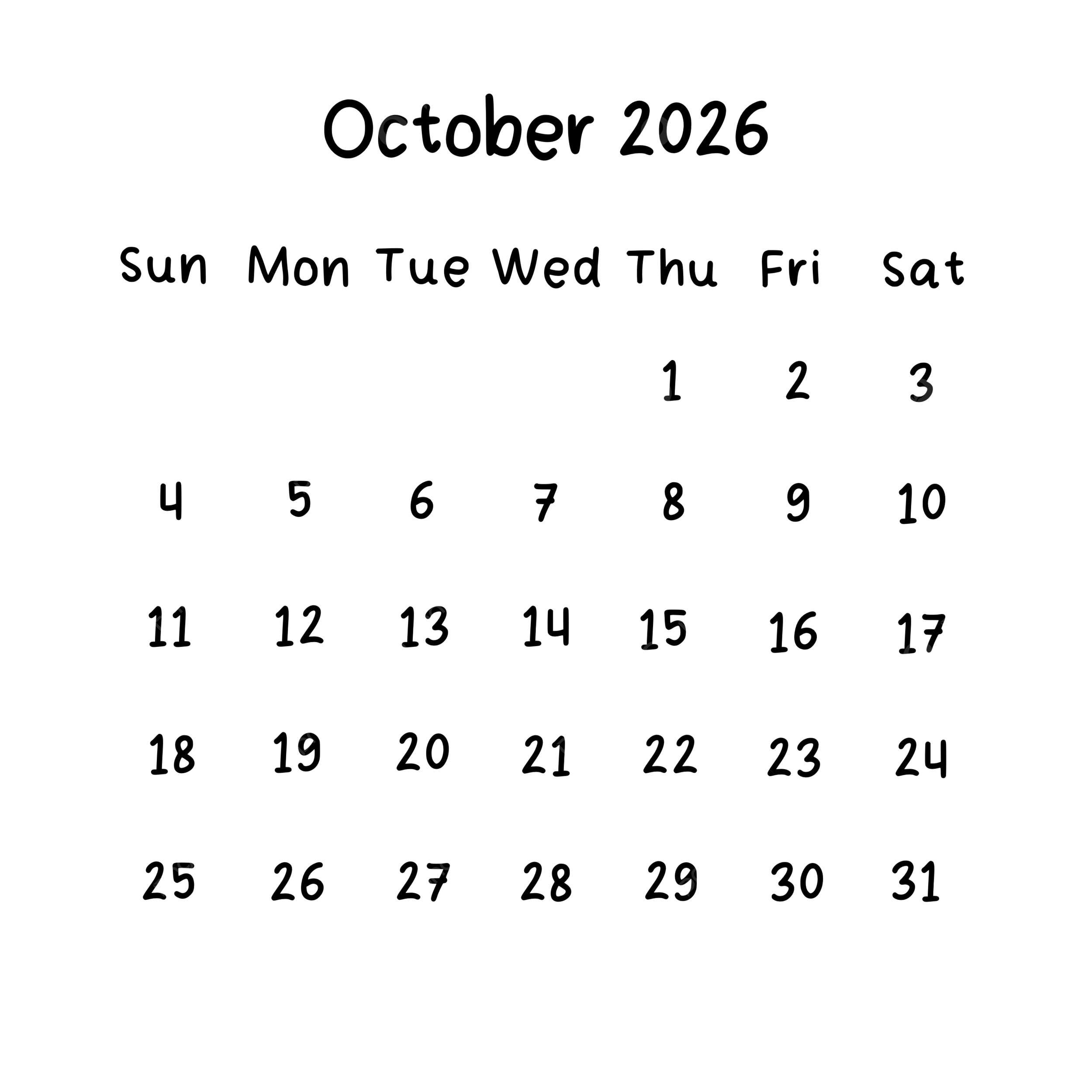 October Monthly Calendar 2026 In Black Color October Calendar 