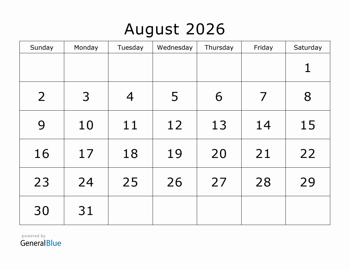 August Blank Calendar 2026 Printable Free