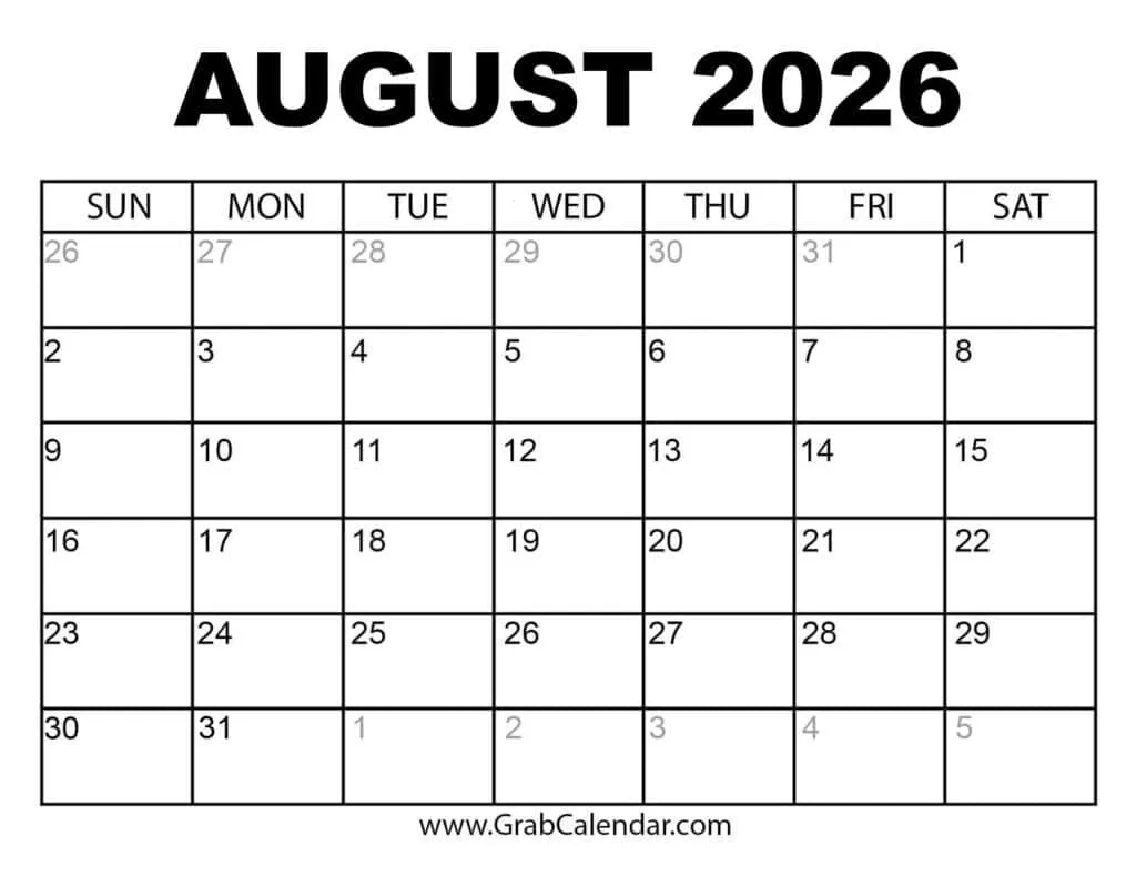 August Through December 2026 Calendar Printable