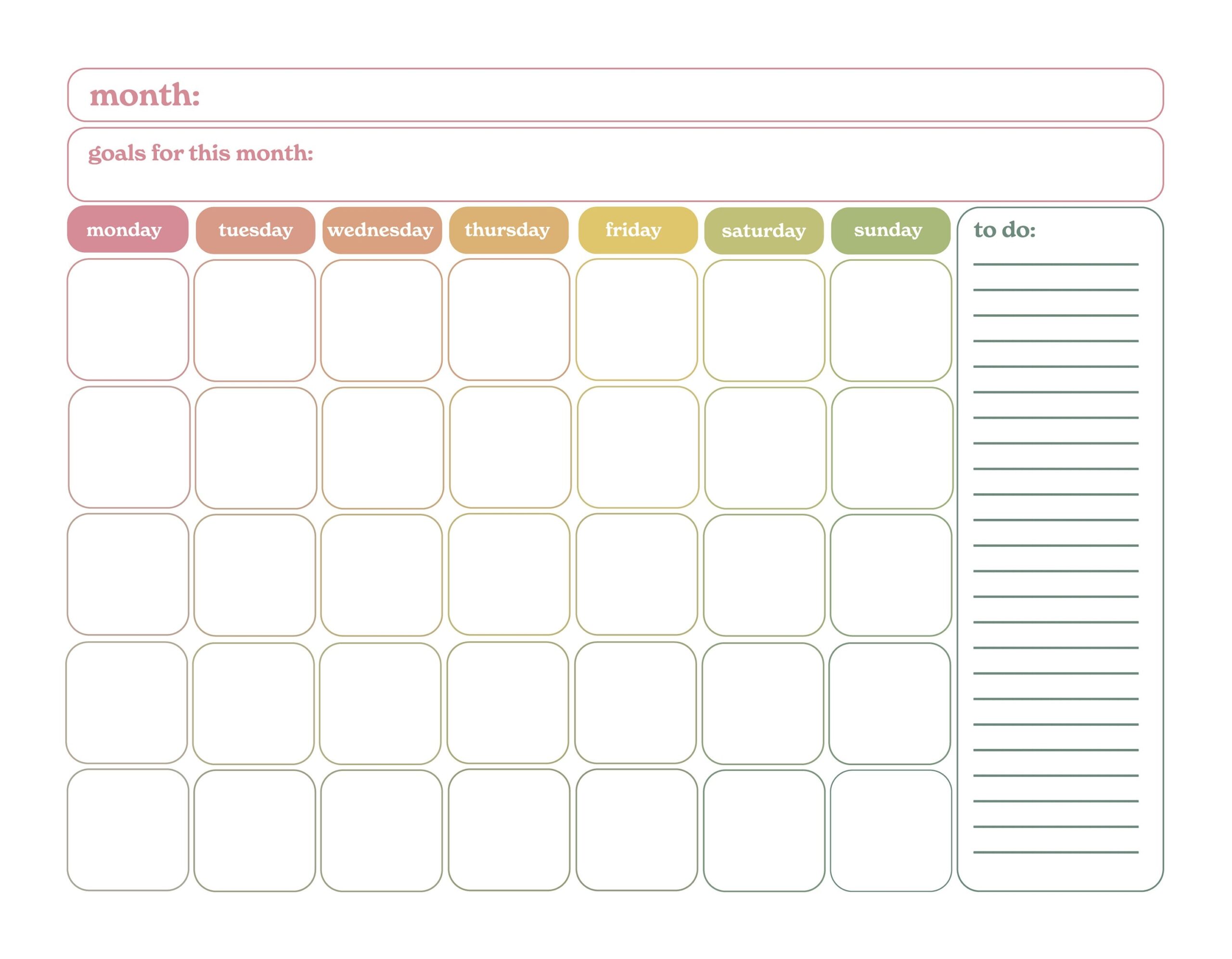 Printable Blank Calendar Rainbow Instant Download Etsy Canada