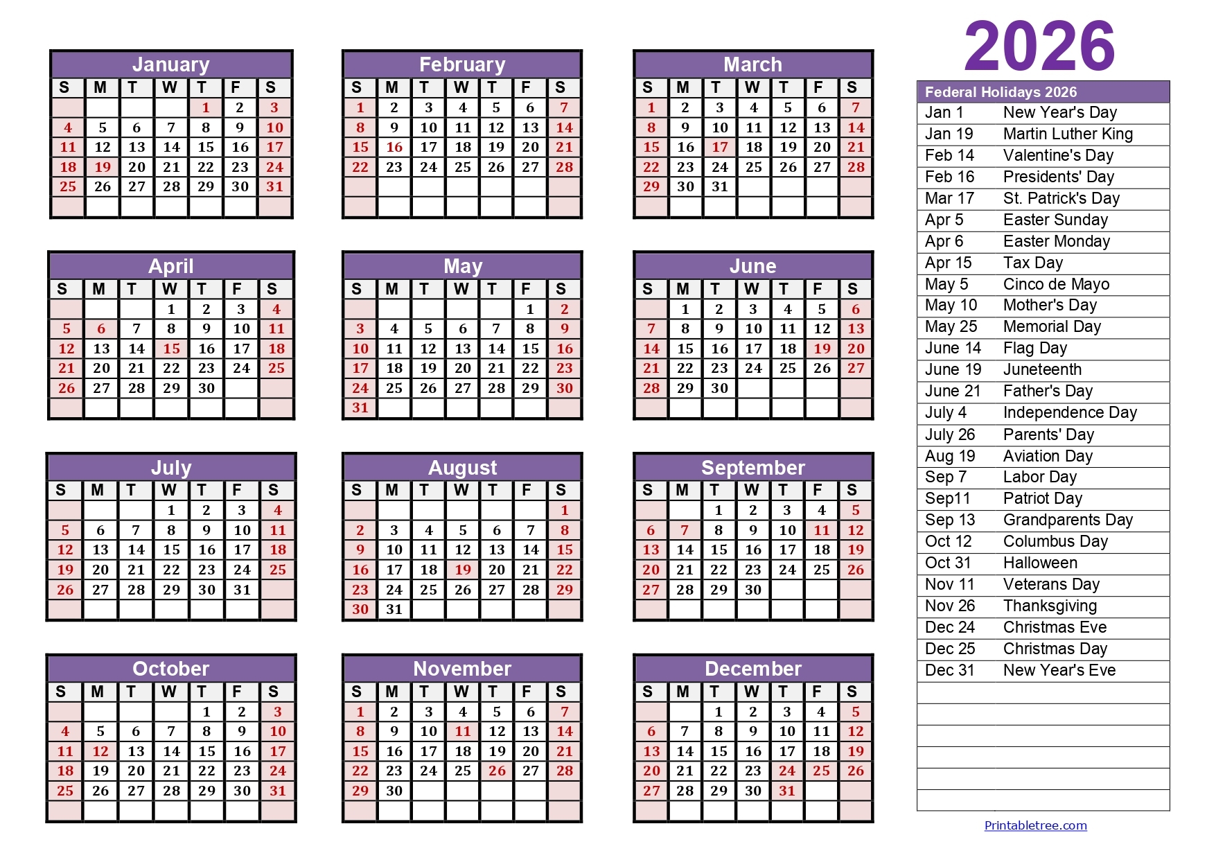 2026 Calendar Printable With Federal Holidays