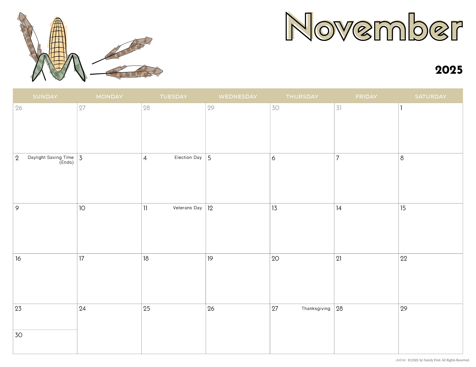 November Kids Calendar Printable Free