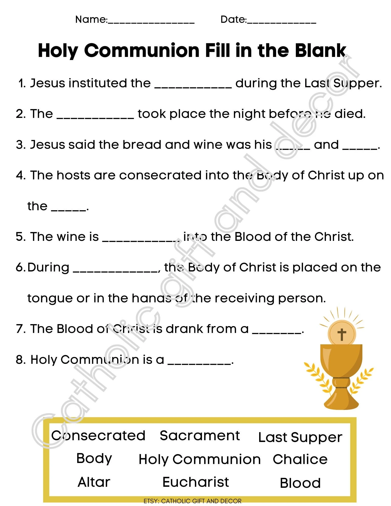 Printable Catholic First Communion Fill In The Blank 1st 
