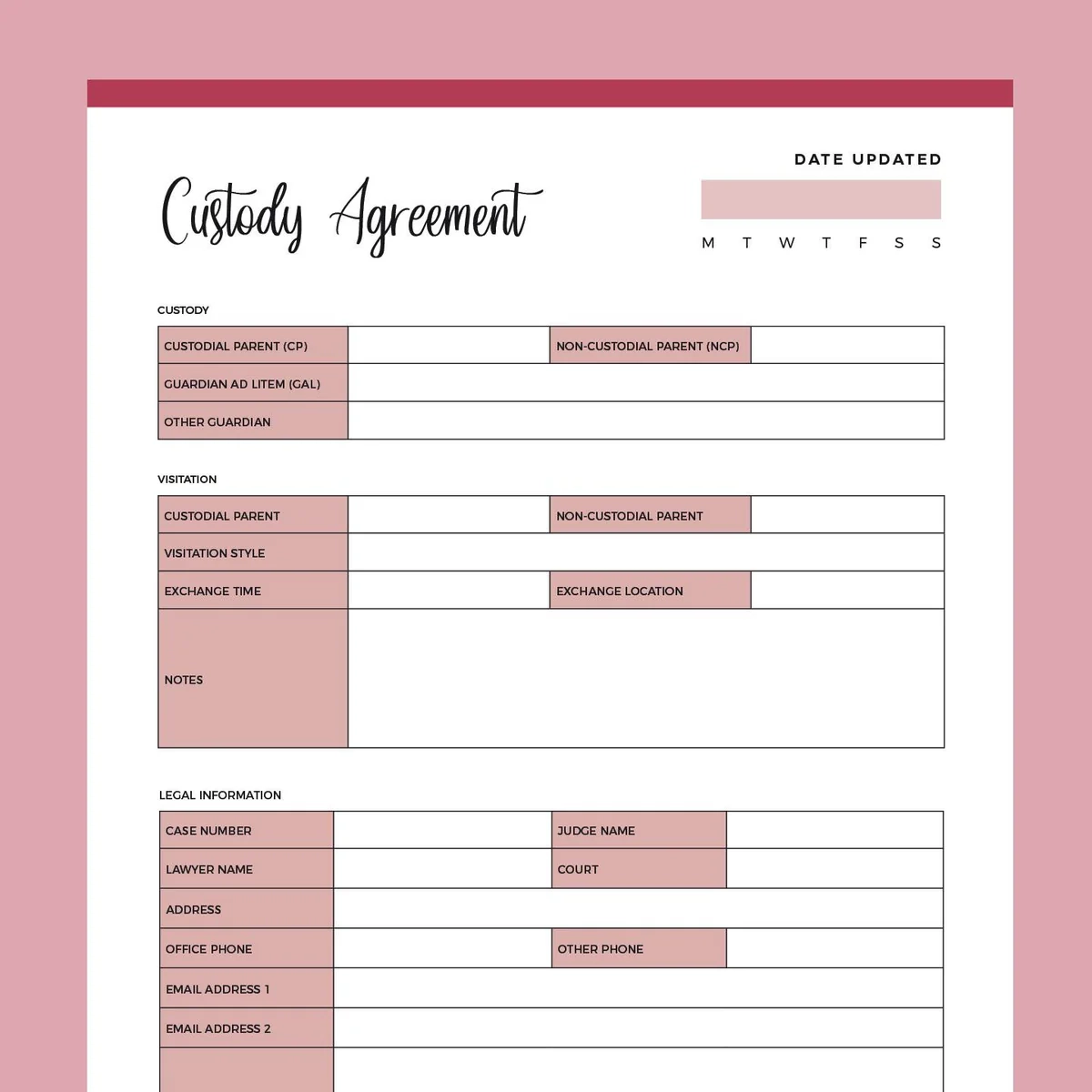 Printable Parenting Plan Template