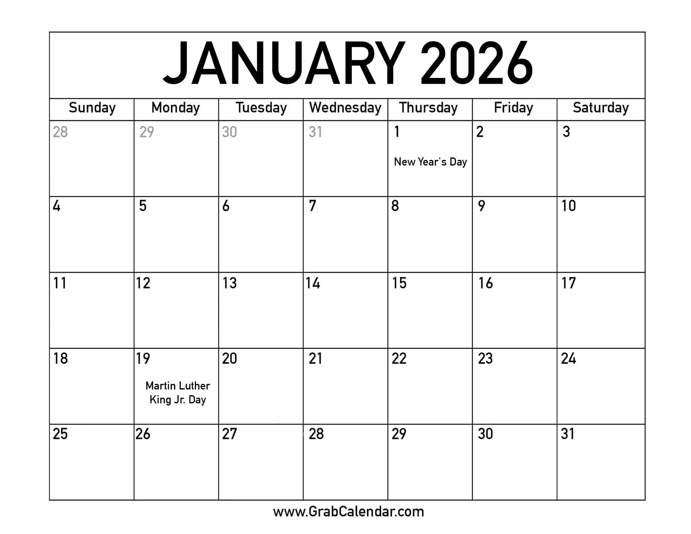 Free Printable Monthly Calendar With Holidays 2026