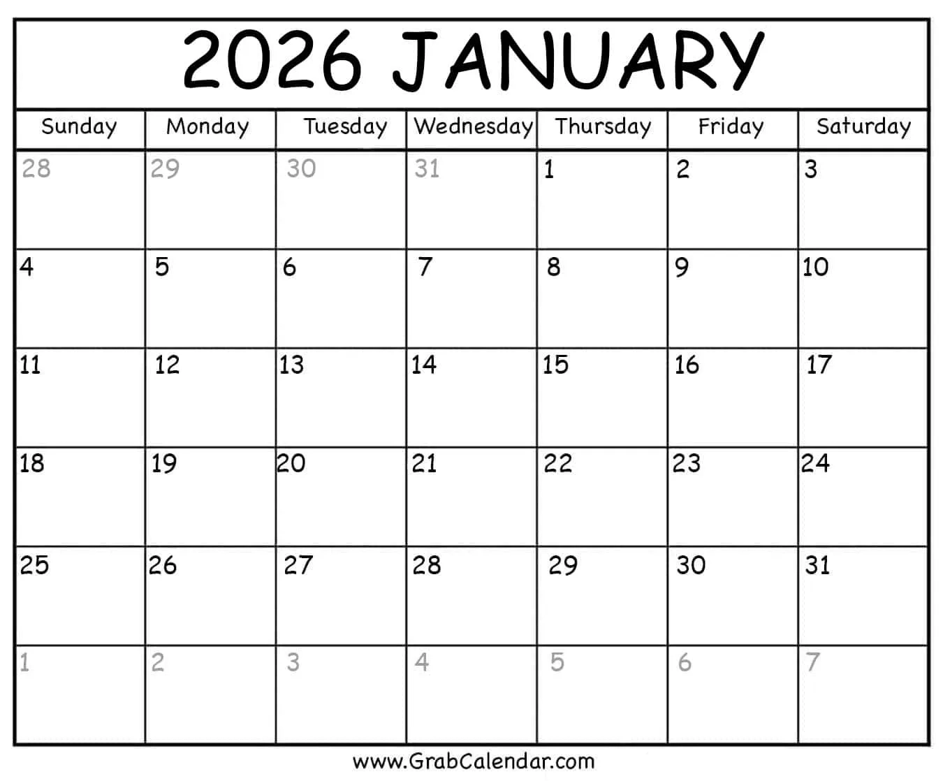 Printable January 2026 Calendar