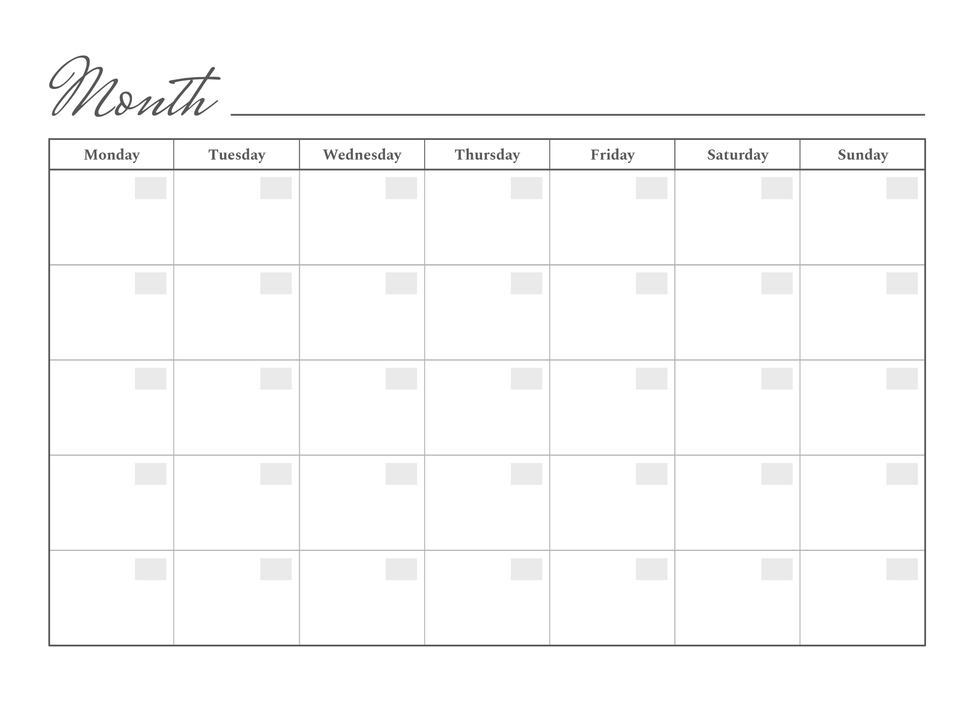 Blank Monthly Calendar Template Printable
