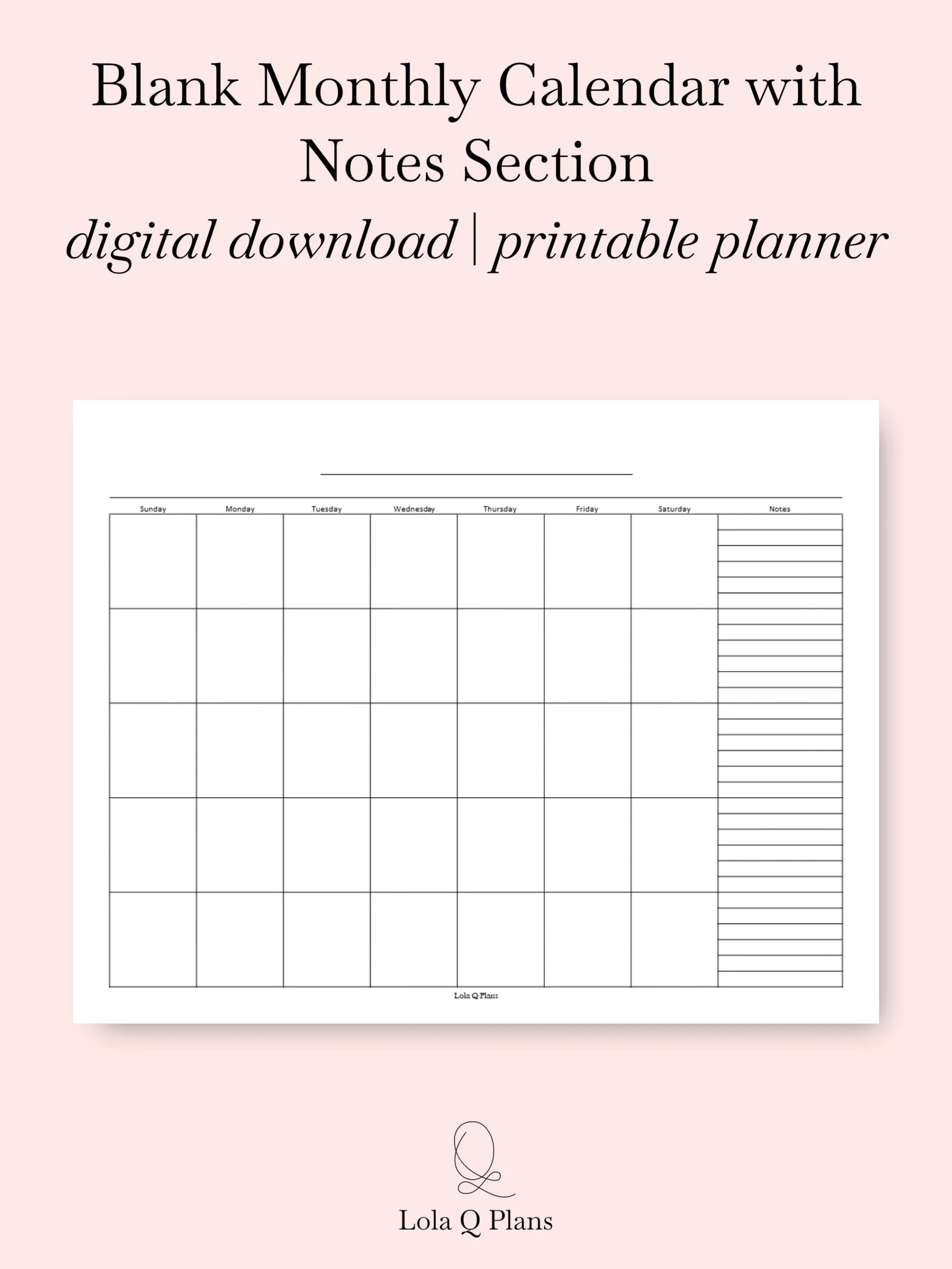 Printable Monthly Calendar With Notes Section Calendar Insert 