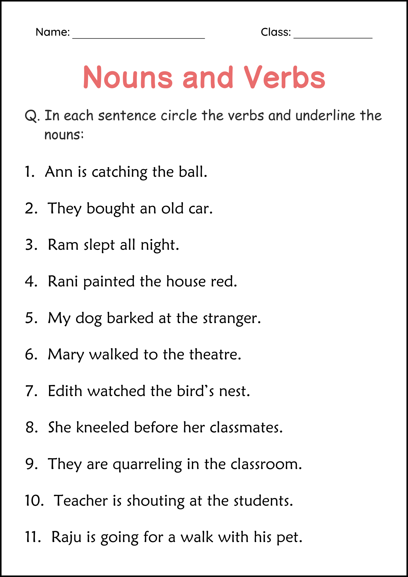 Printable Nouns And Verbs Grammar Worksheets 2nd And 3rd Grade 