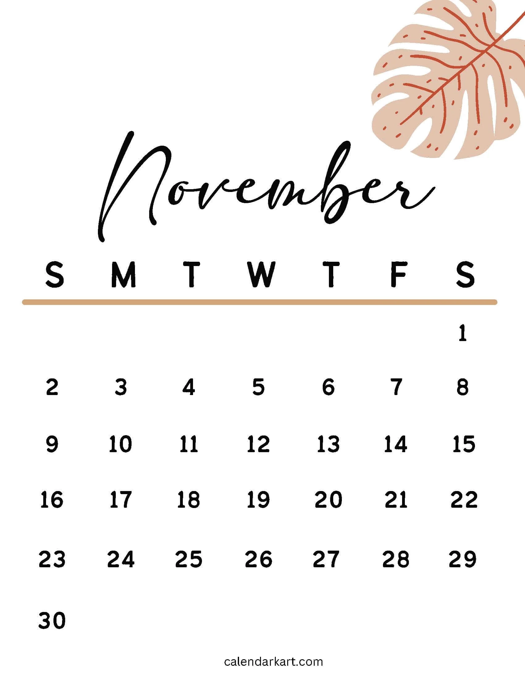 Printable Calendar November 2026 Calligraphy