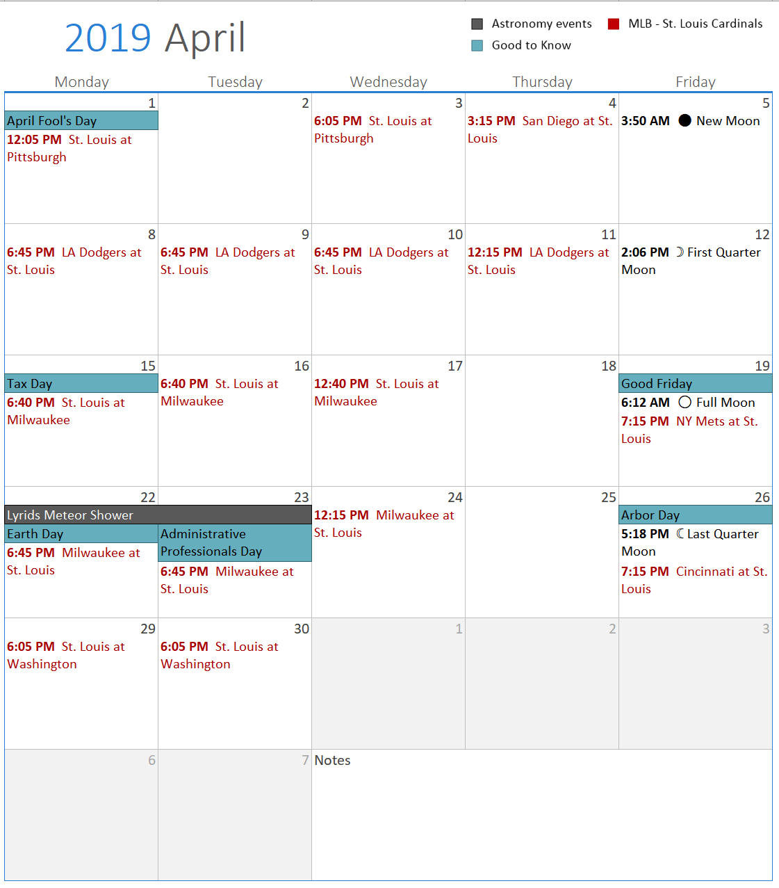 PrintableCal Month Weekdays Only Template