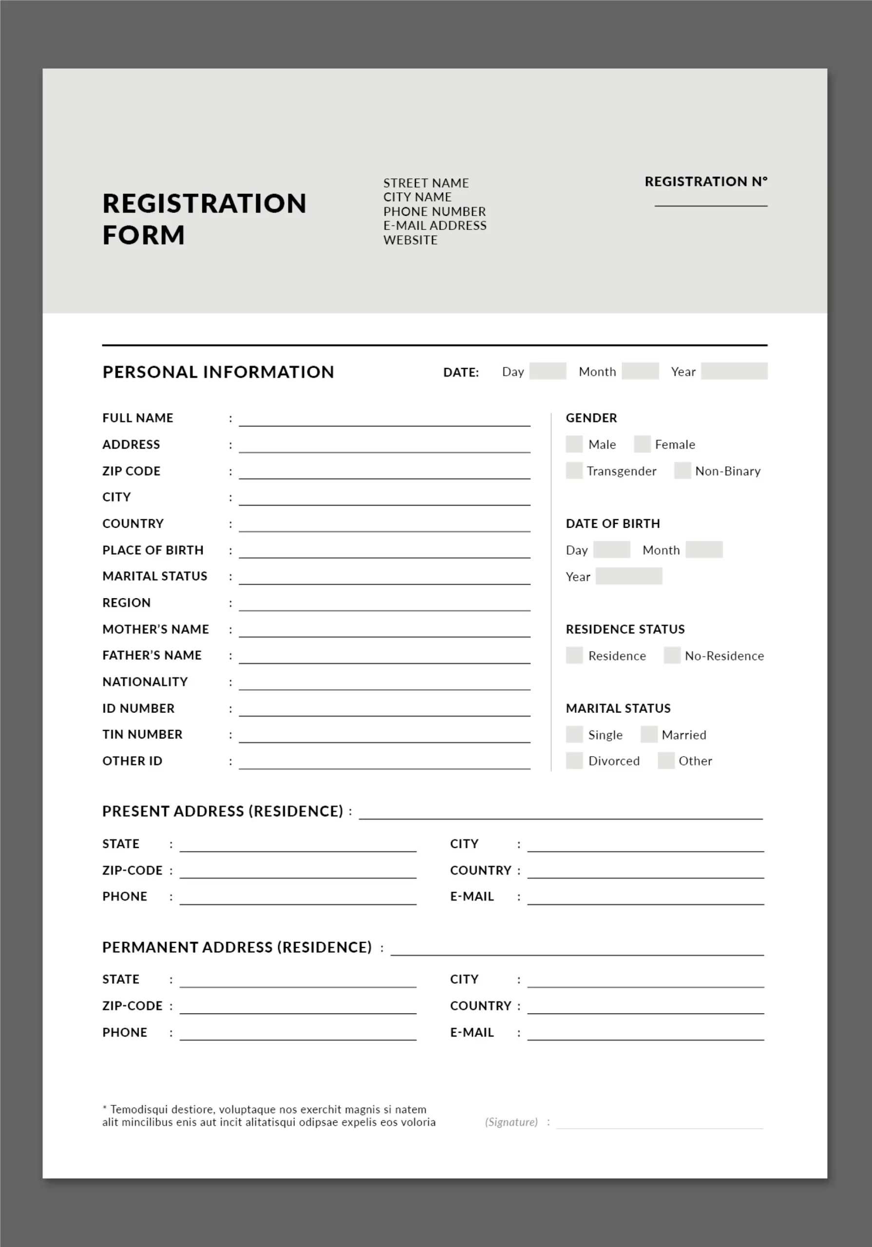 Registration Form Layout Template Document Form Template 