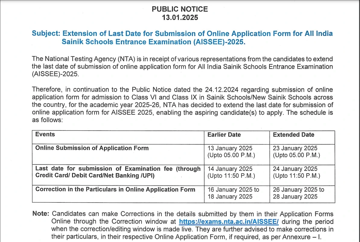 Sainik School Admission 2025 26 Registration Extended Check 