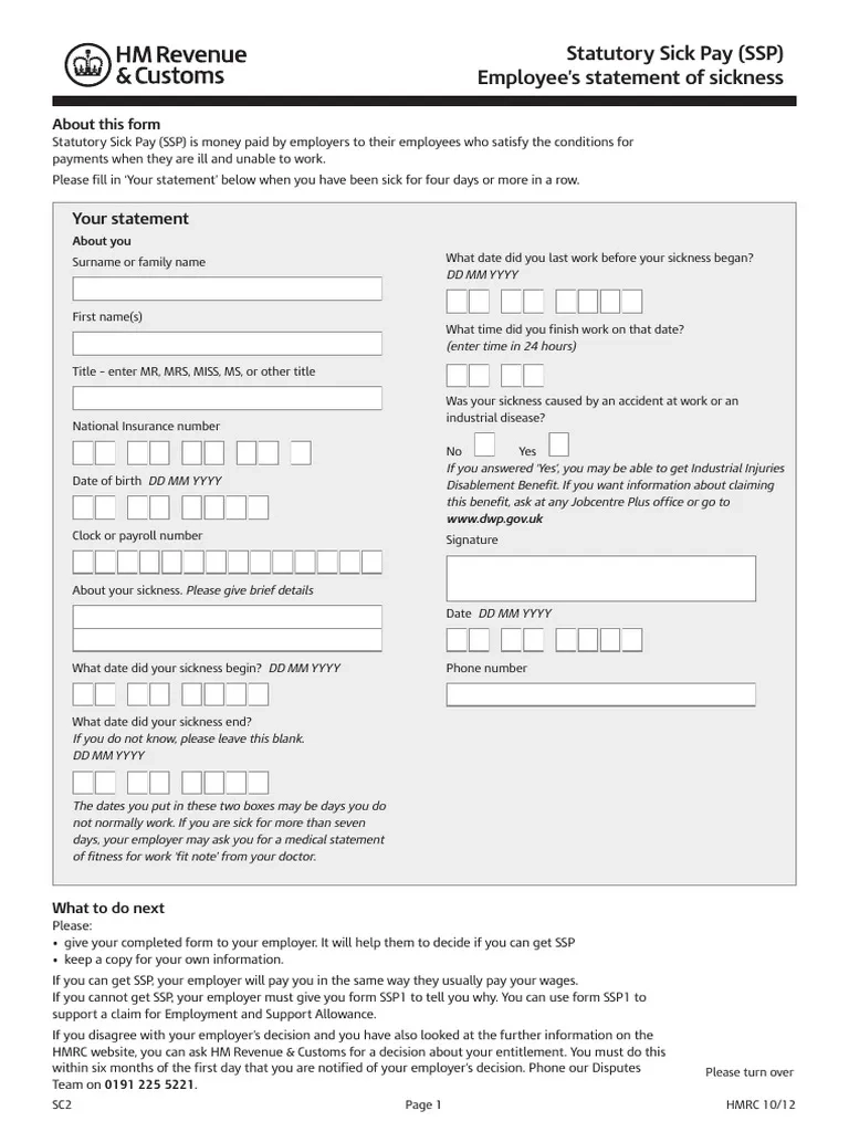 SC2 Form PDF Employment Sick Leave