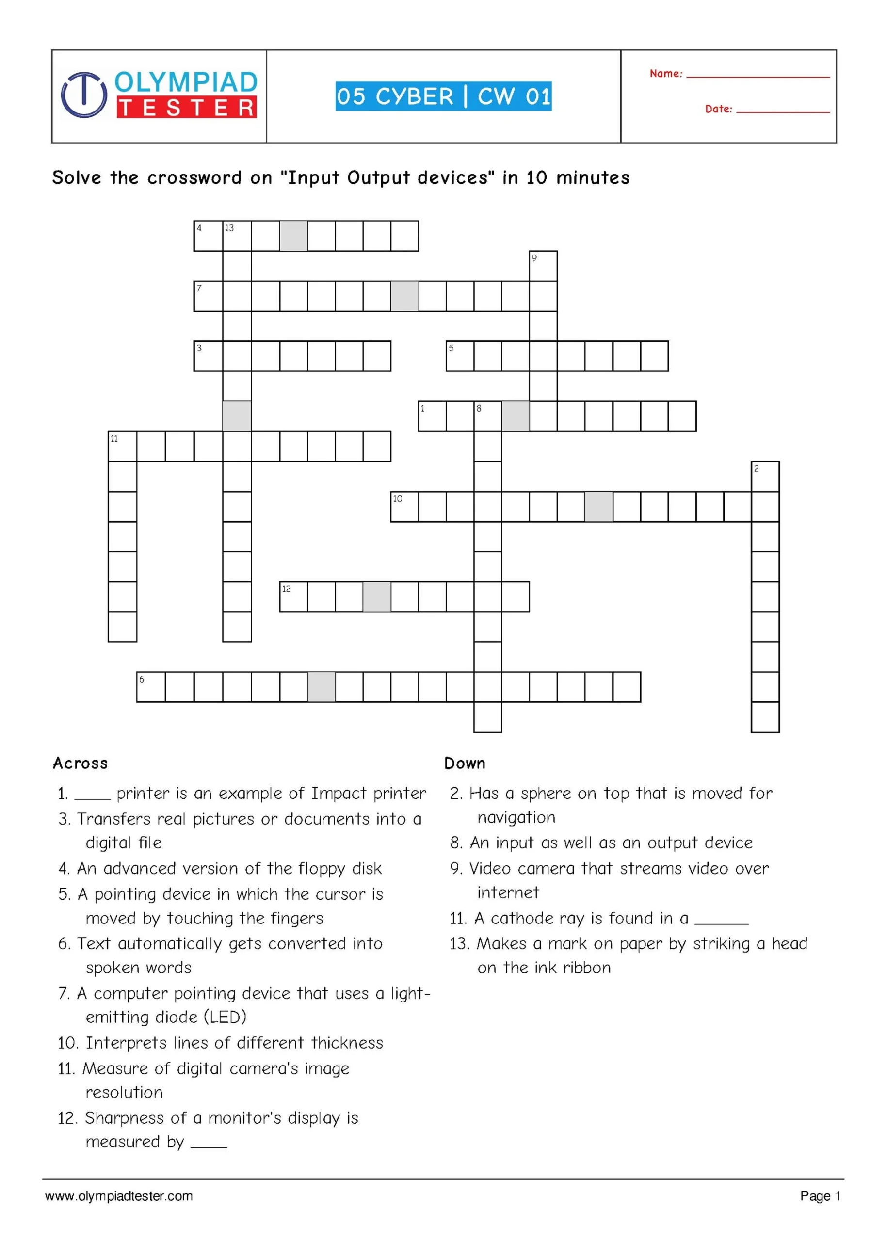 Printable Science Crossword Puzzles