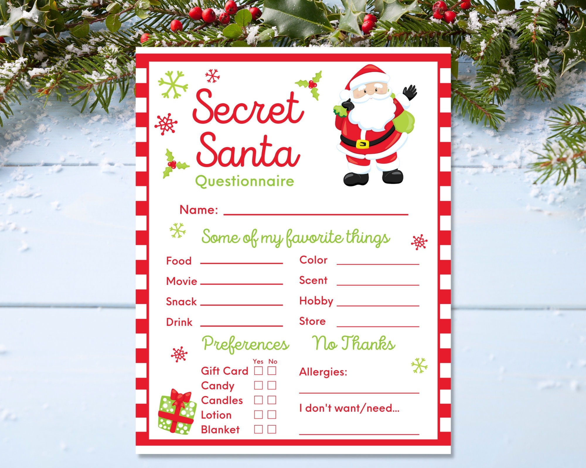 Secret Santa Questionnaire Printable Instant Download 