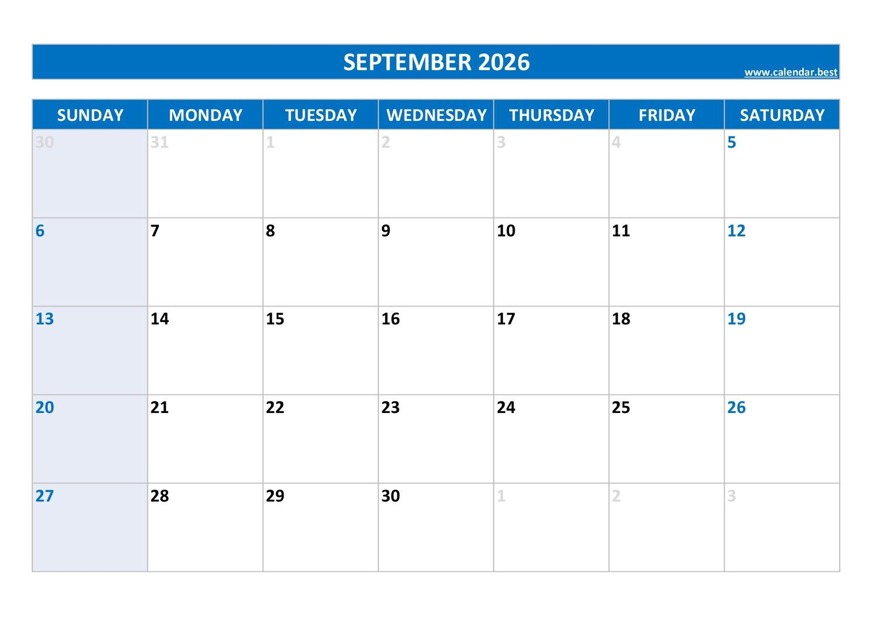 Calendar For Sept 2026