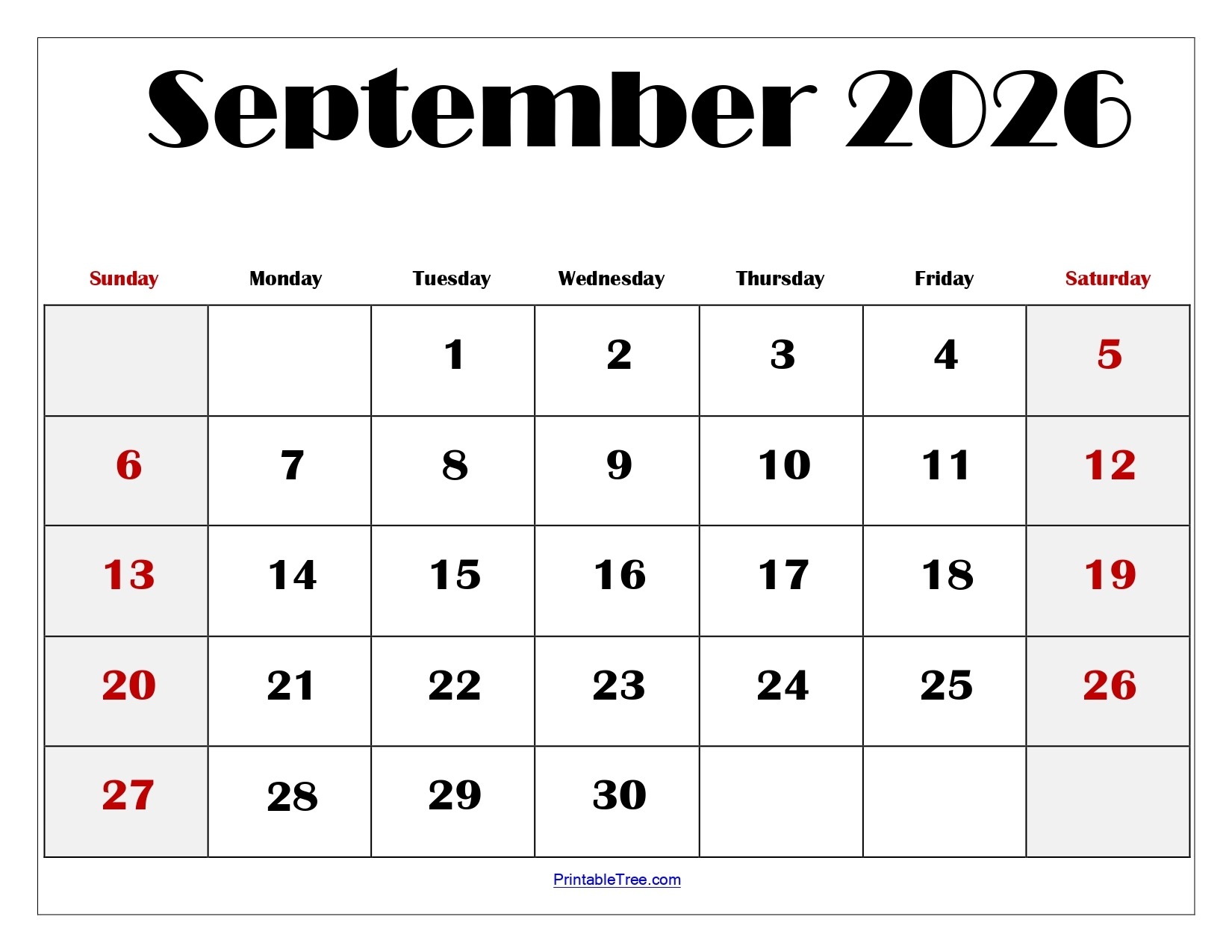 Printable Blank Calendars September 2026
