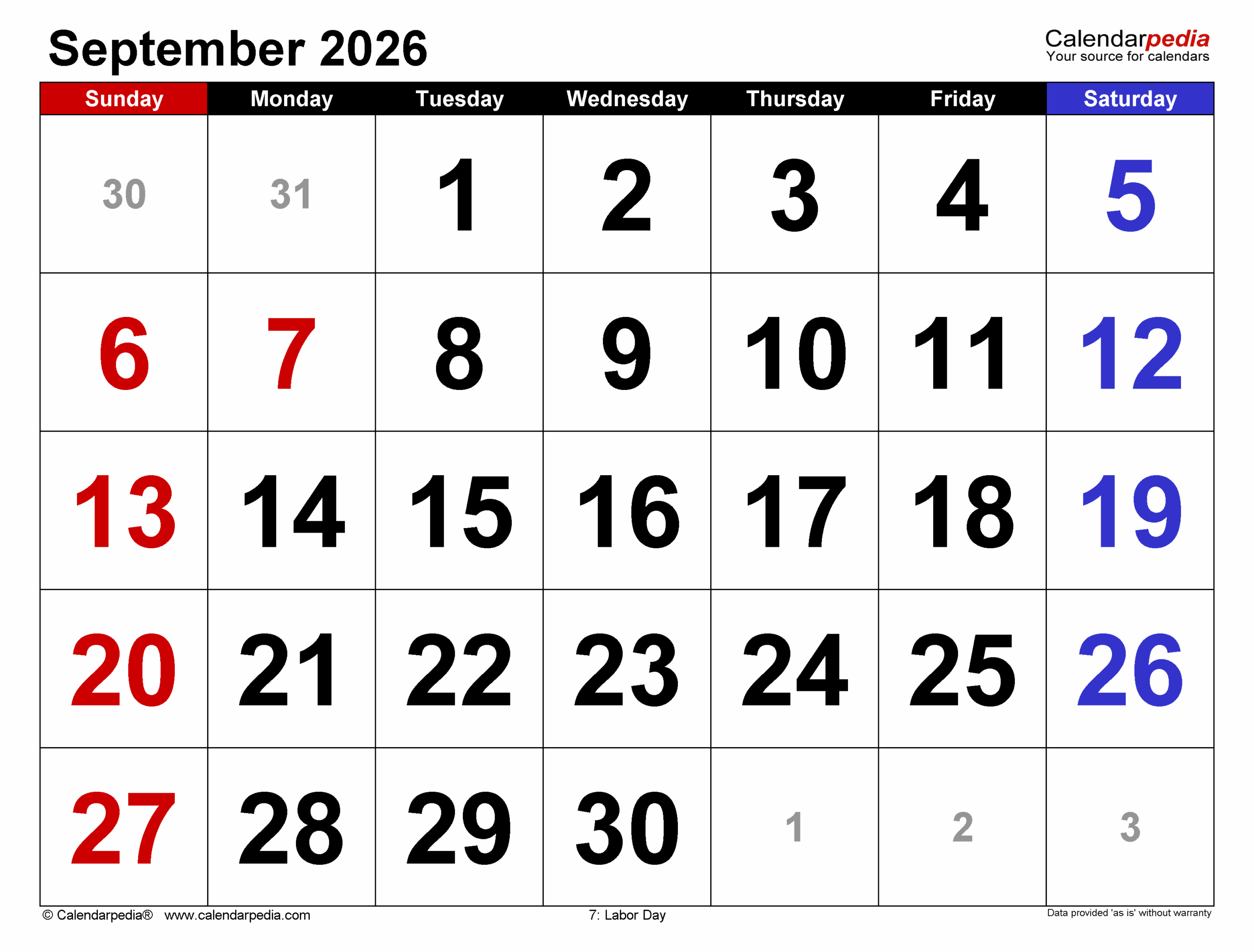 September 2026 Printable Calendar