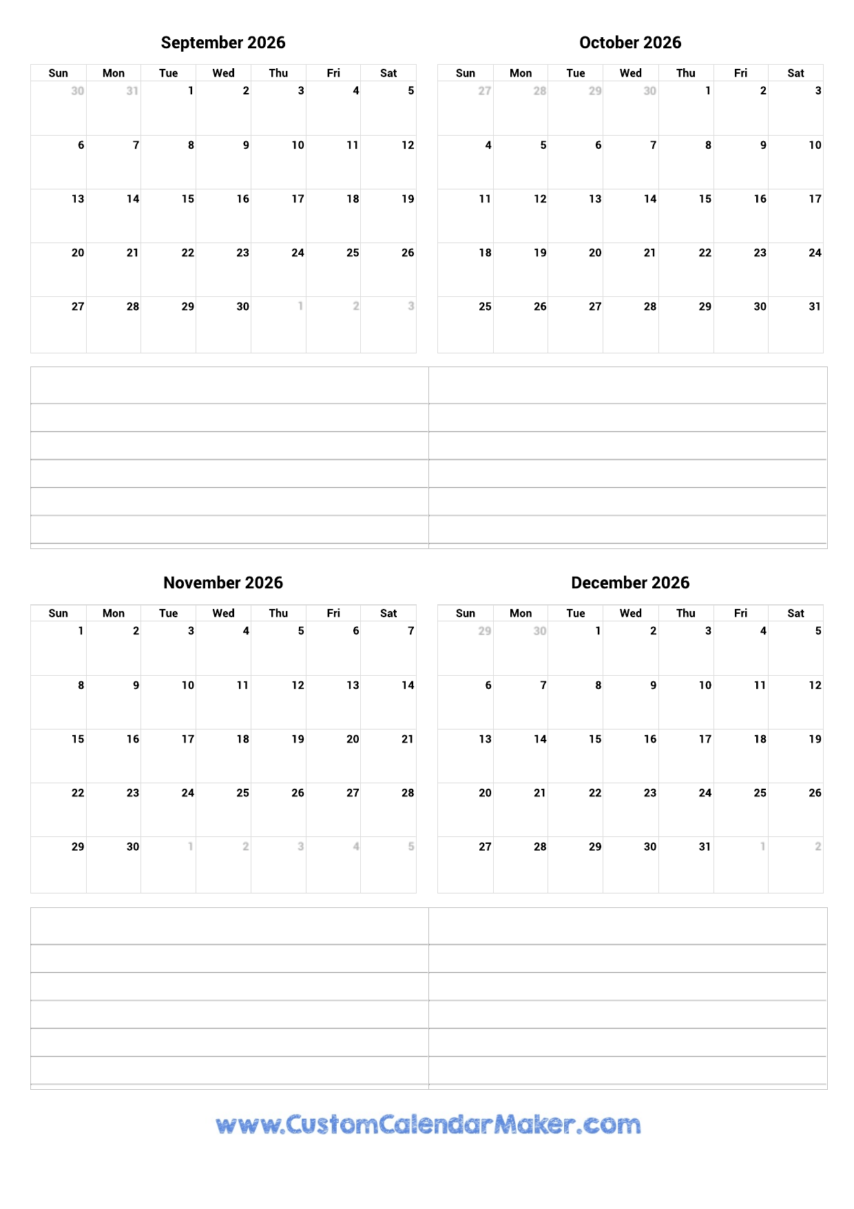 September To December 2026 Printable Calendar Custom Calendar Maker