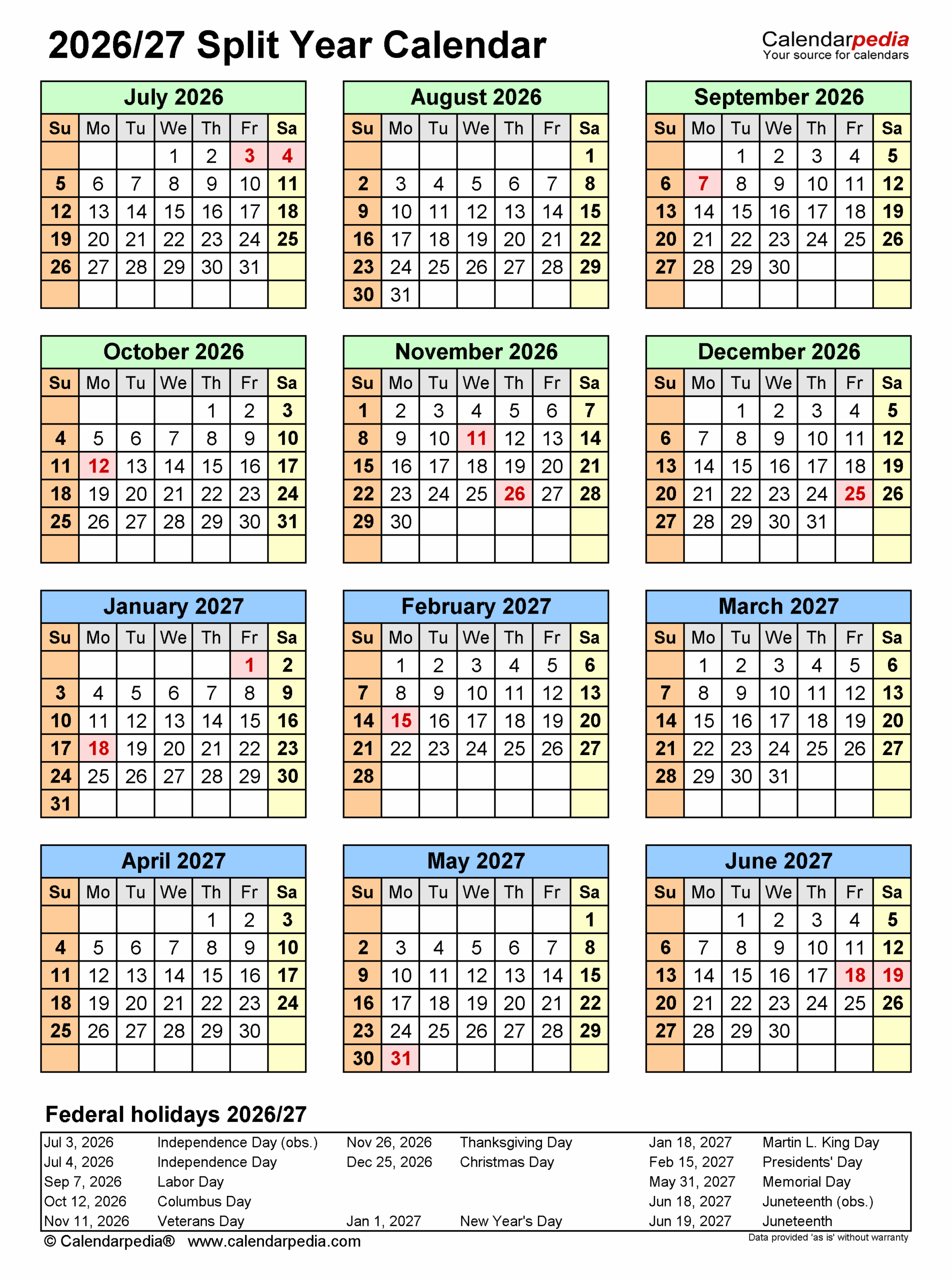 Split Year Calendars 2026 2027 July To June PDF Templates