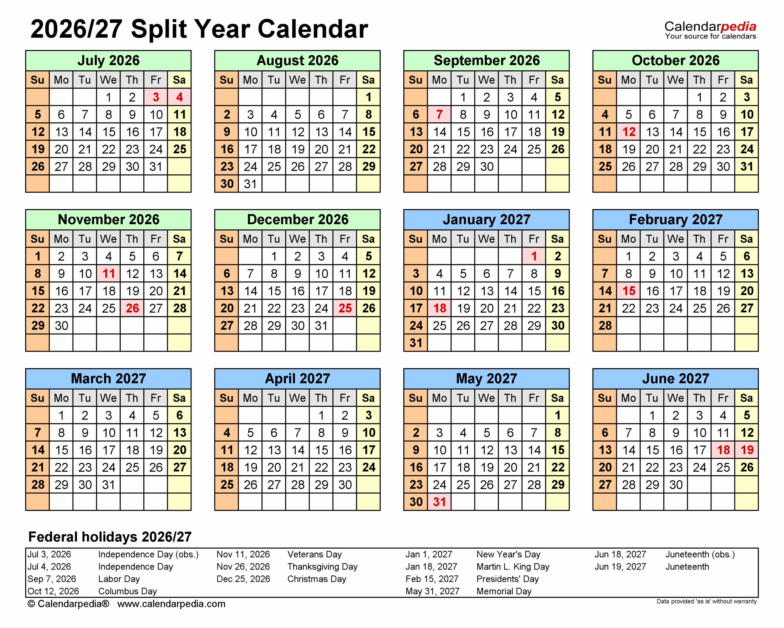 2026-2027 Blank Printable Free Calendar