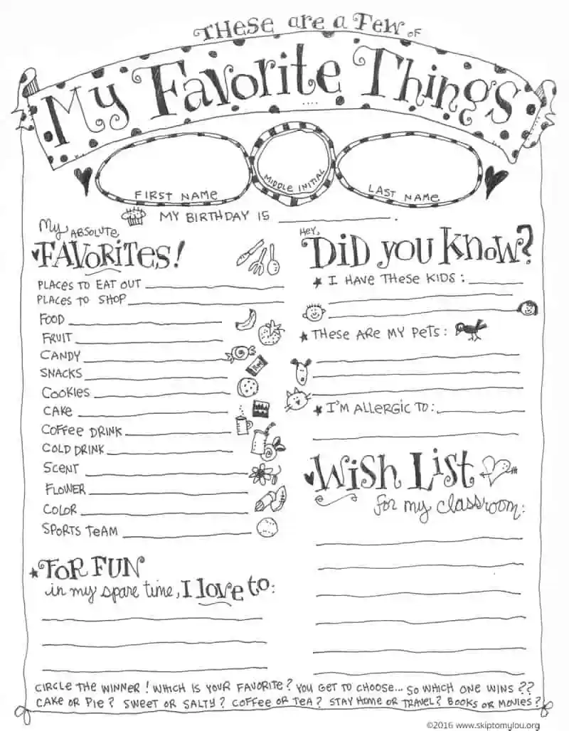 Teacher Favorite Things Questionnaire Printable Skip To My Lou