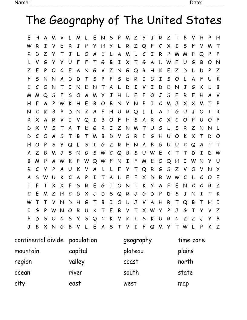 The Geography Of The United States Word Search WordMint