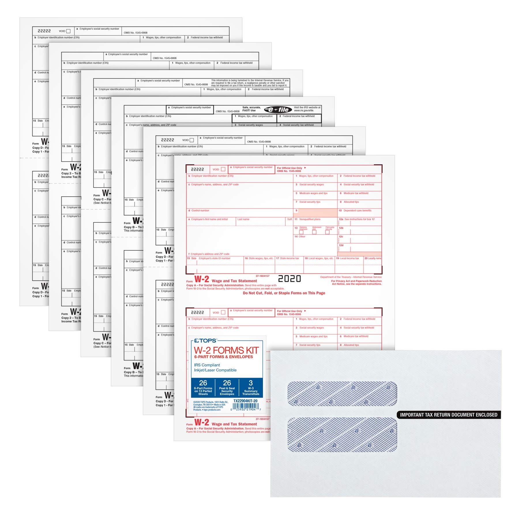 TOPS W2 Forms 2020 Tax Form Set For 26 Employees 6 Piece W2 Tax Form Sets With Self Adhesive W2 Envelopes Includes 3 W3 Shapes TX22904KIT 20 