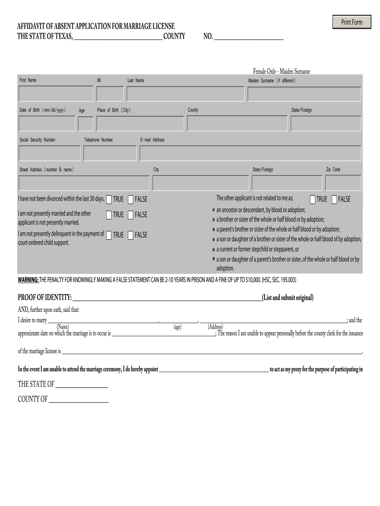 TX Affidavit Of Absent Application For Marriage License Form 