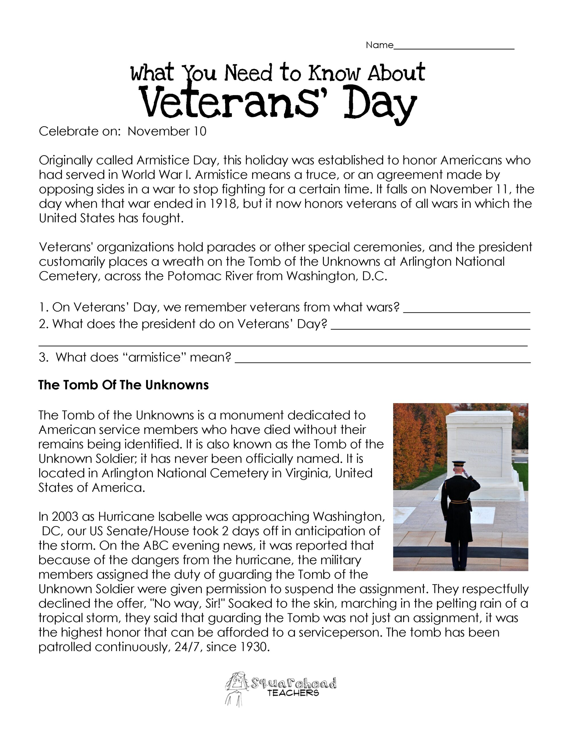 Veterans Day Worksheet Honoring Our Heroes