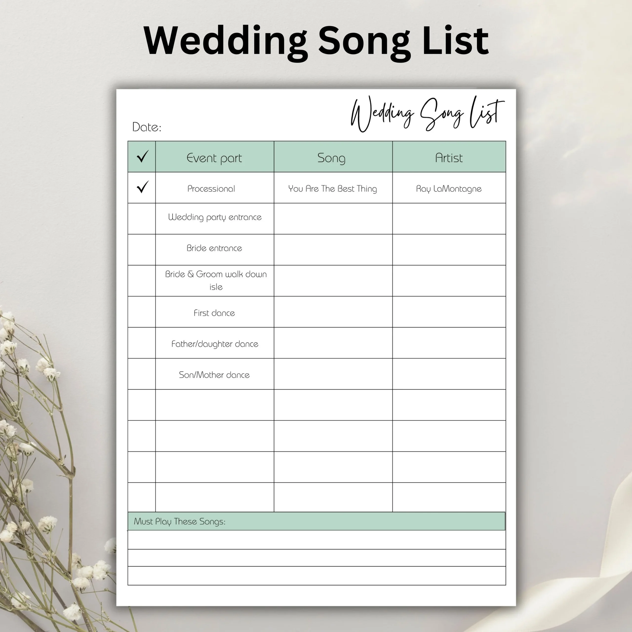 Wedding Song List Printable Wedding Music List Wedding Playlist 