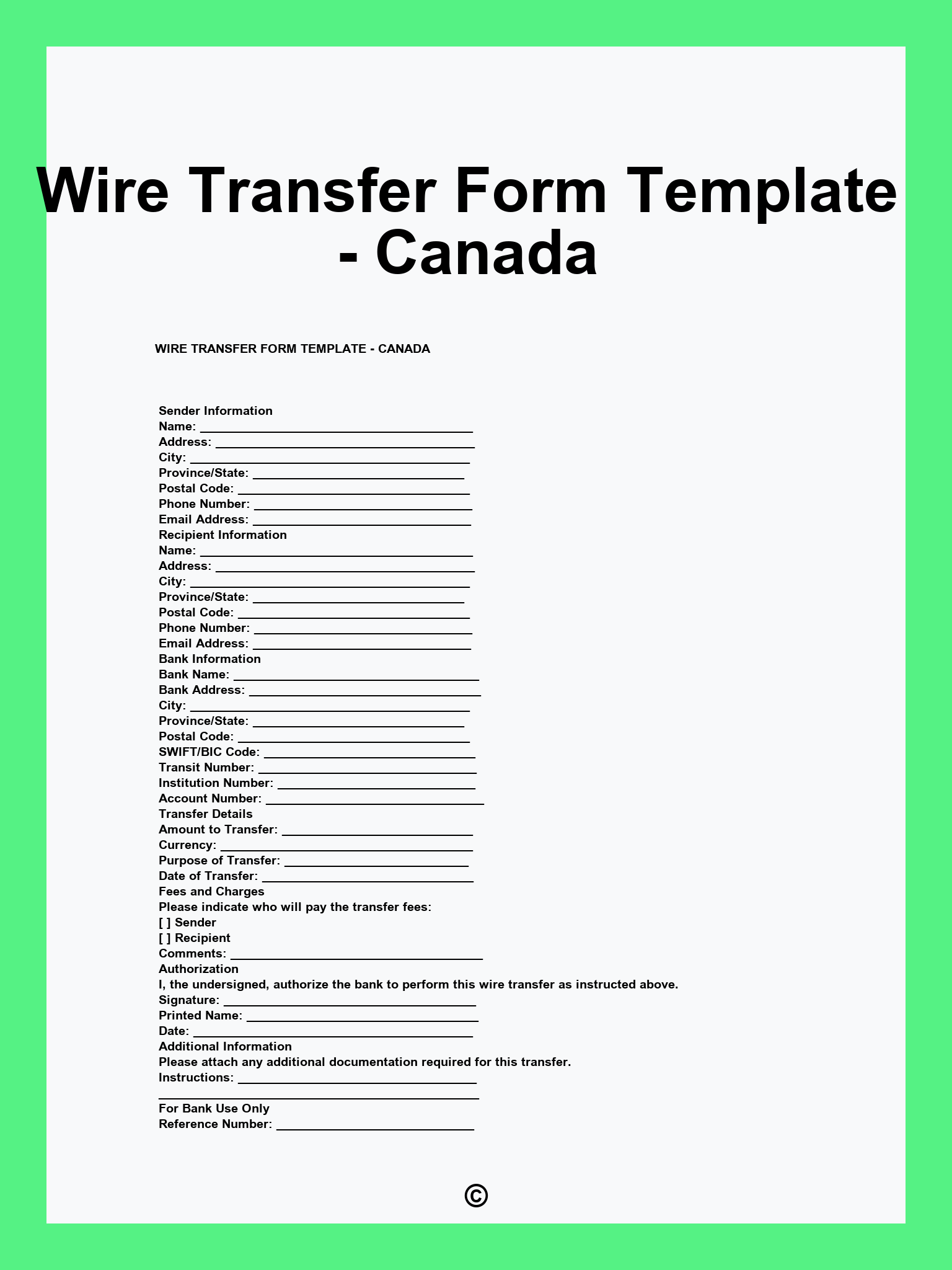 Wire Transfer Form Template Canada