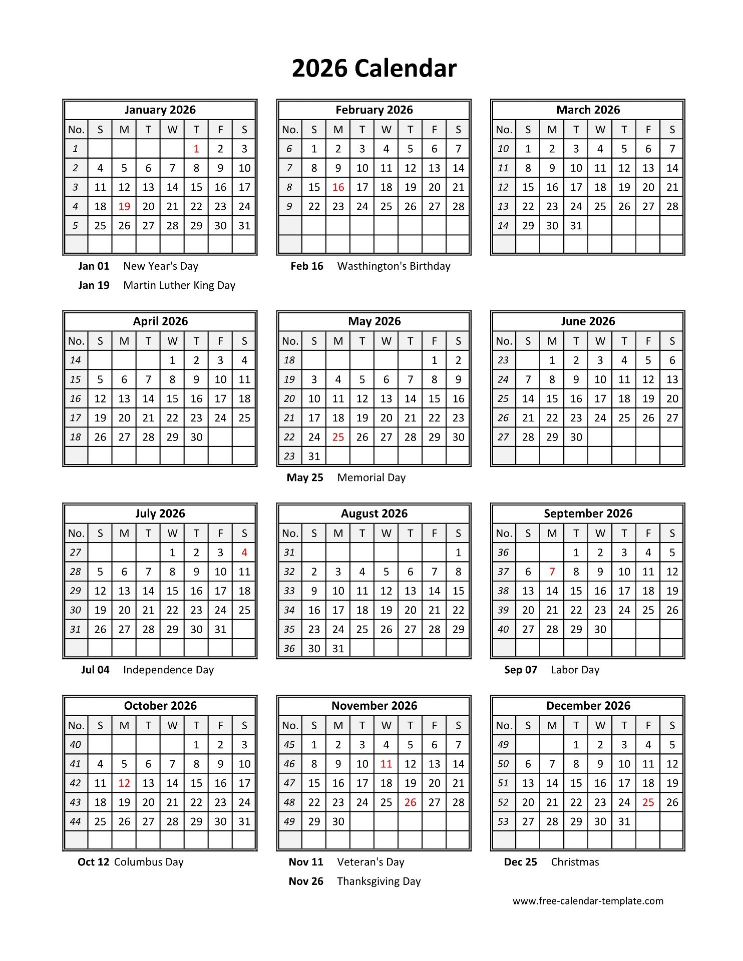 Printable Blank Portrait 2026 Calendar