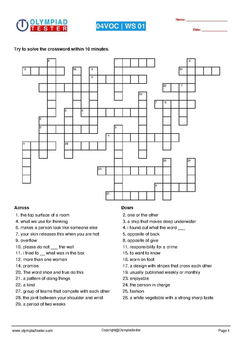 10 English Vocabulary Crossword Puzzles Grade 4 Olympiad Tester