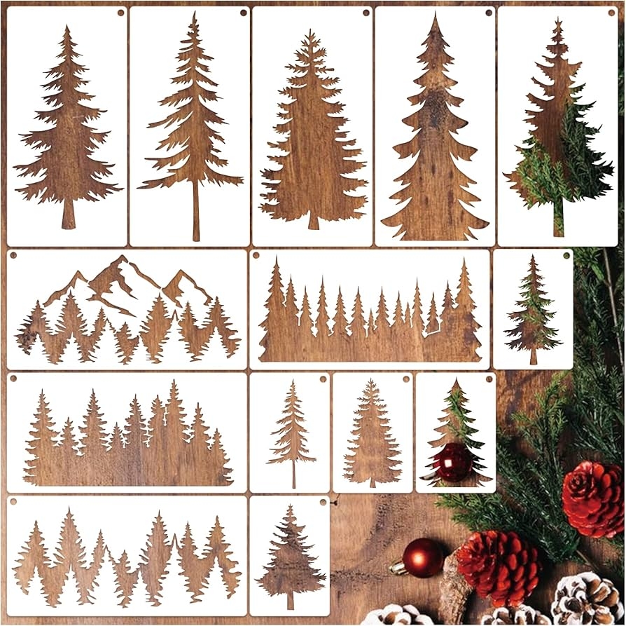 14 Pieces Pine Tree Stencils For Painting Reusable Forest Mountain Stencil Template Wood Burning Stencils For Window Wall Crafts Canvas Fabric 