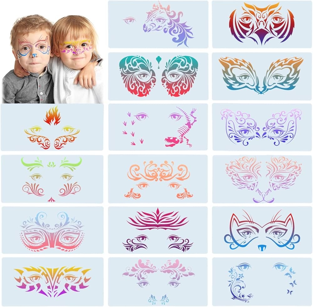 16 Pieces Carnival Face Stencils Reusable Face Paint Templates For Kids Adult Tattoo Painting Dinosaur Unicorn Pattern Carnival Party Supply 10 X 4 7 