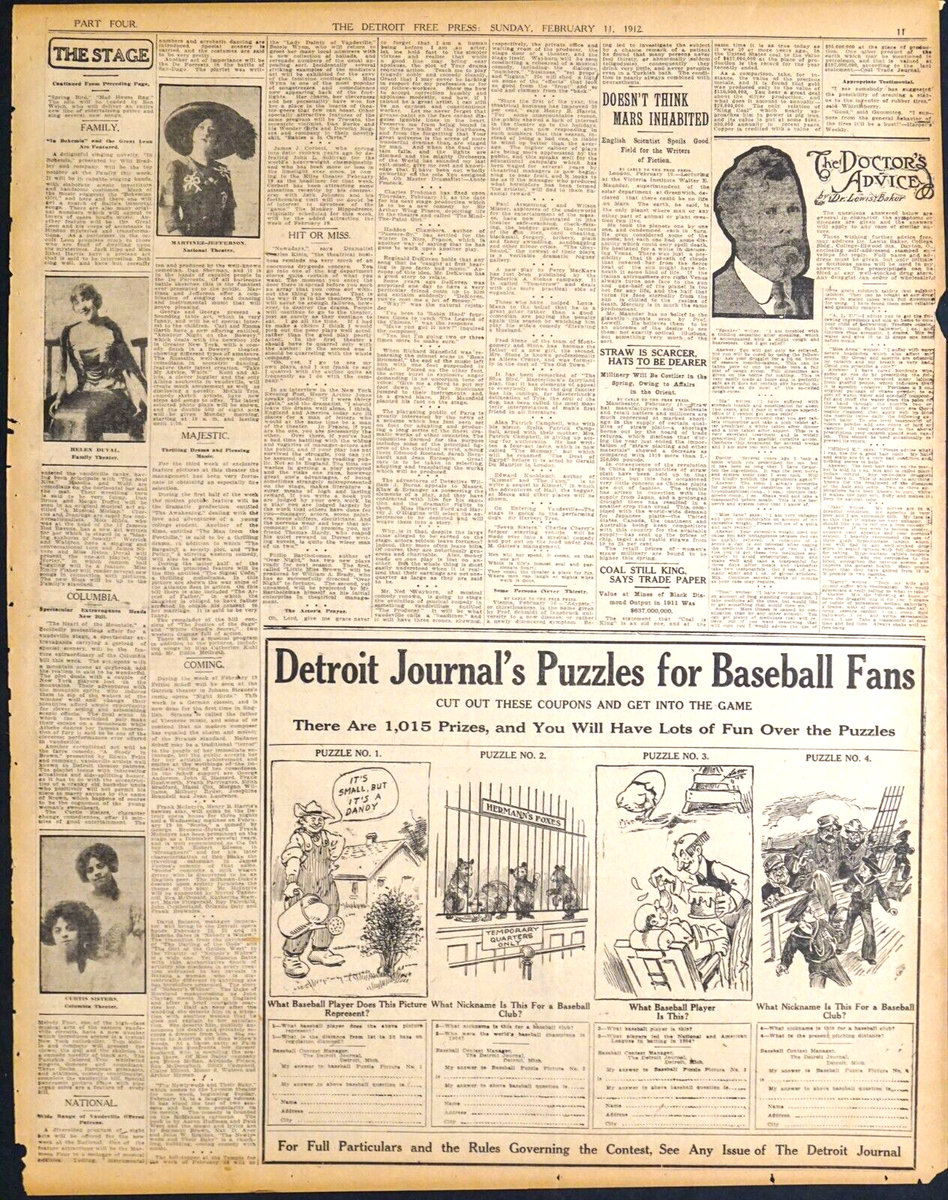 1912 Detroit Newspaper Page Detroit Journal Puzzles For Baseball 