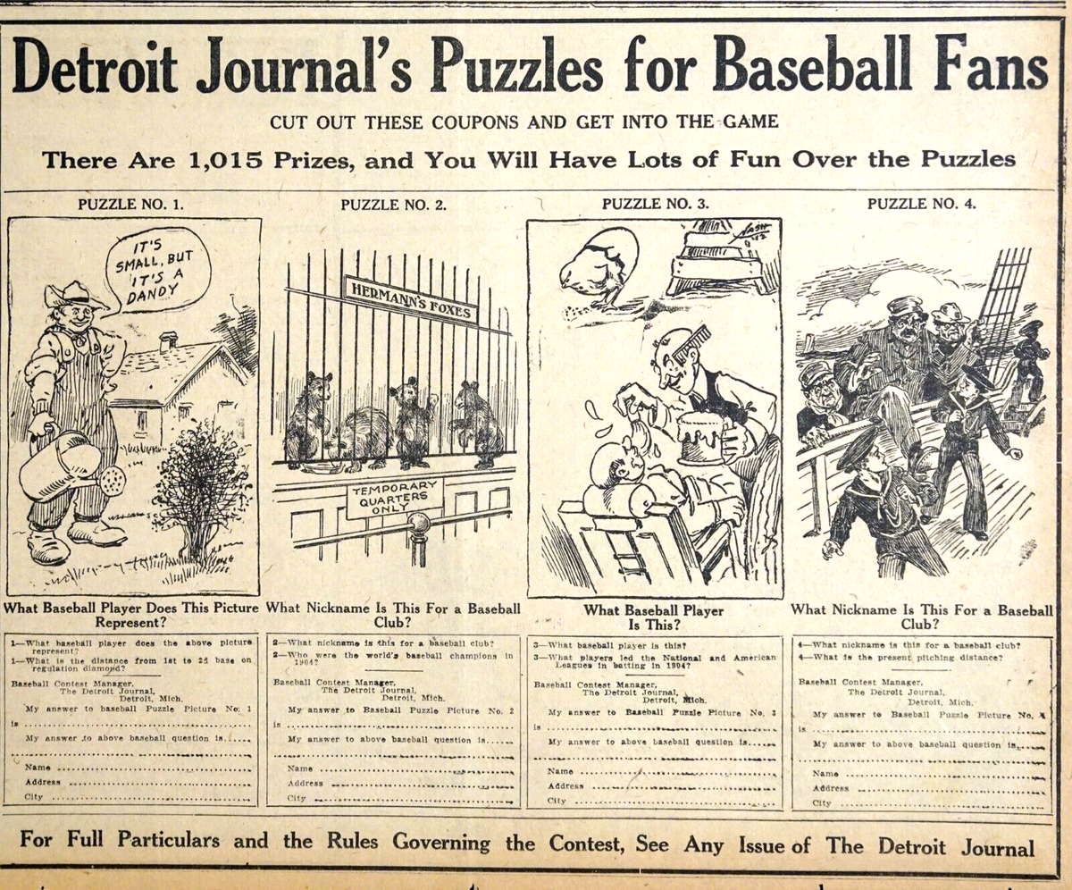 1912 Detroit Newspaper Page Detroit Journal Puzzles For Baseball 
